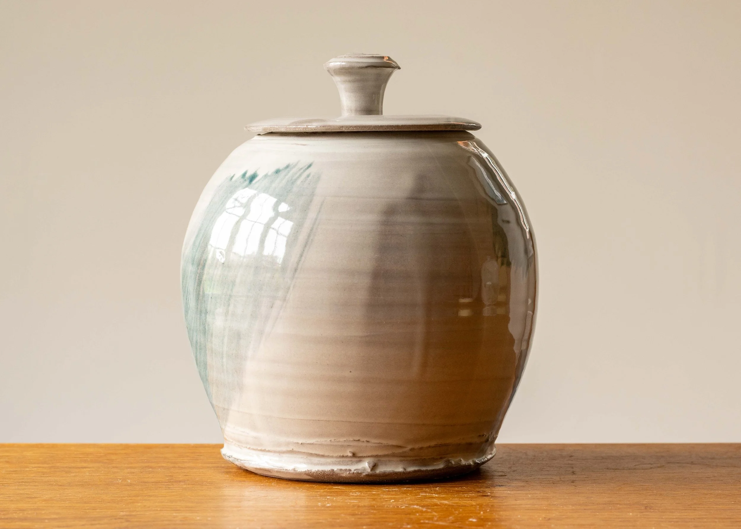 White Handcrafted Lidded Pot and Turquoise Brush Marks, view 4.jpg