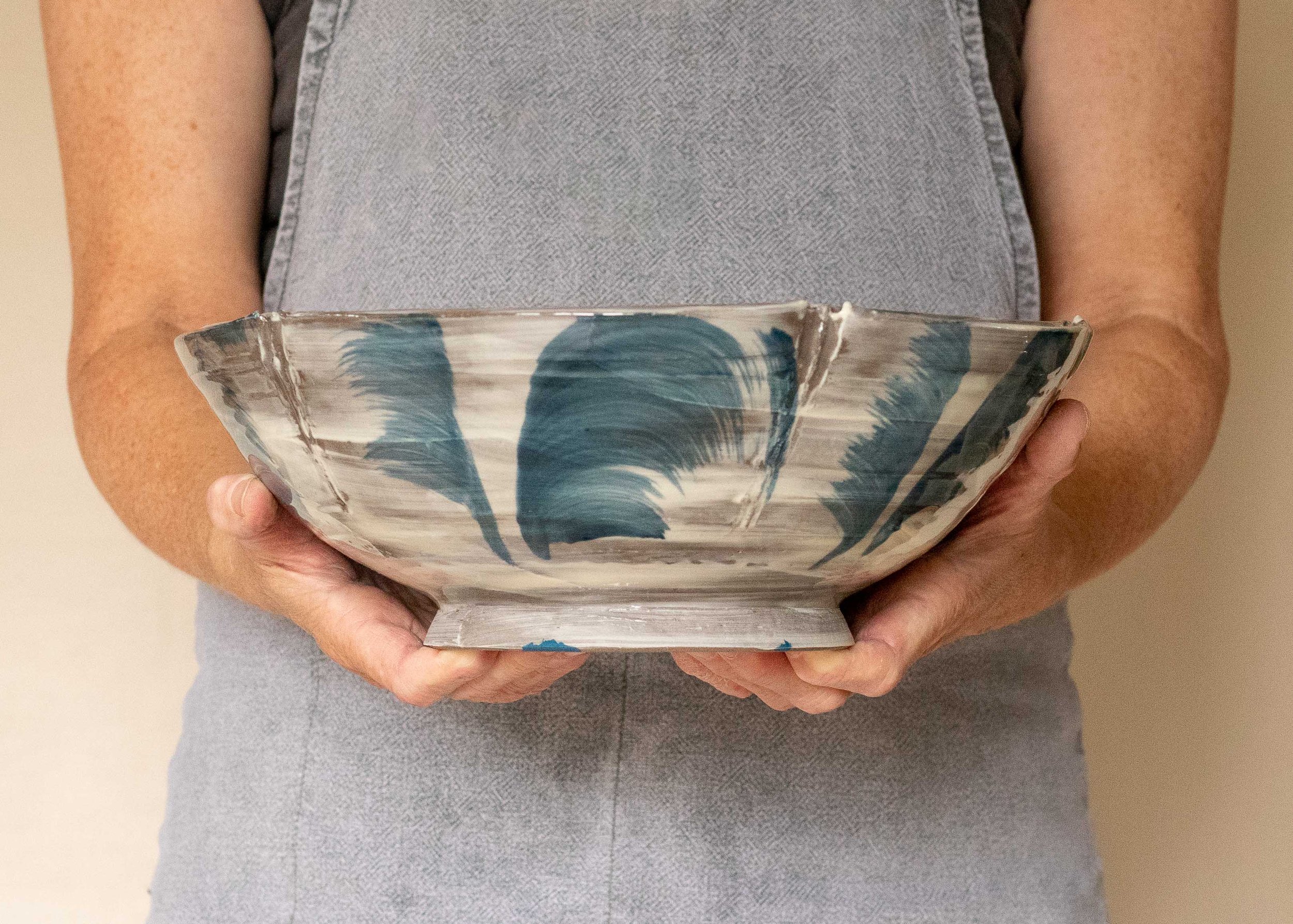 Large Handmade Japandi Inspired Ceramic Low Bowl with Blue Brush Decoration