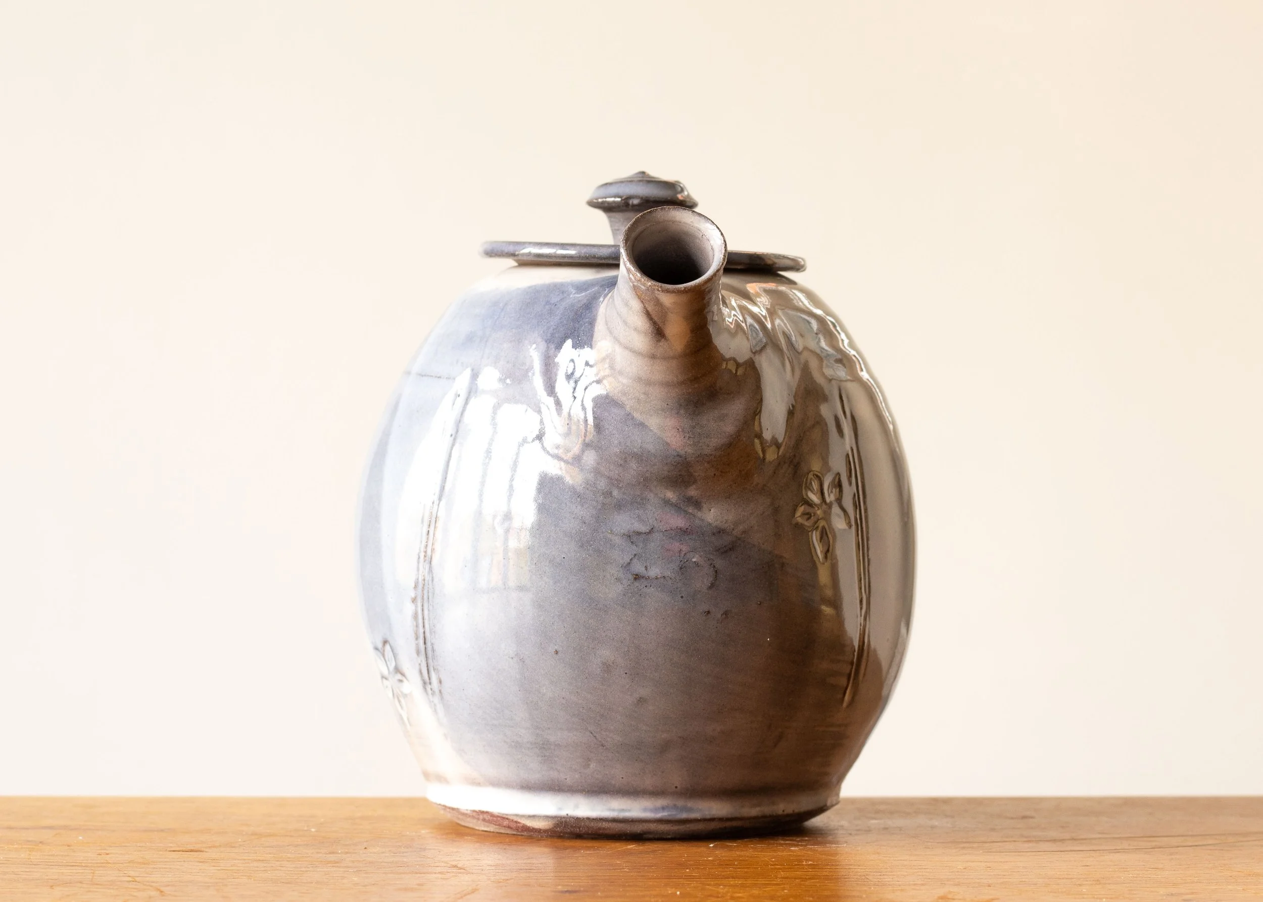 Handmade Pottery Teapot with Blue Brush Marks, view 2.jpg