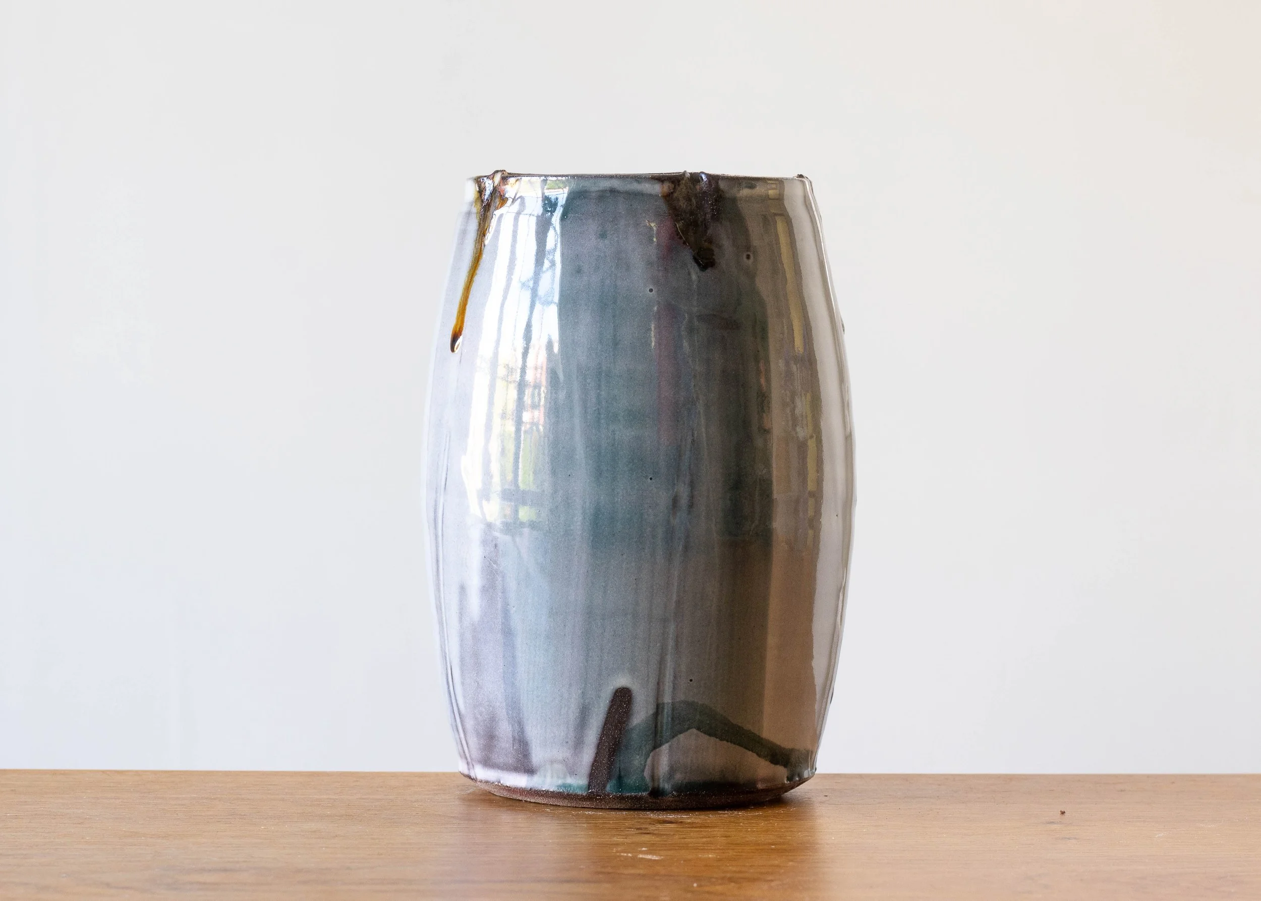 Large Handmade Pottery Vase with Turquoise Brush Marks, view 3.jpg