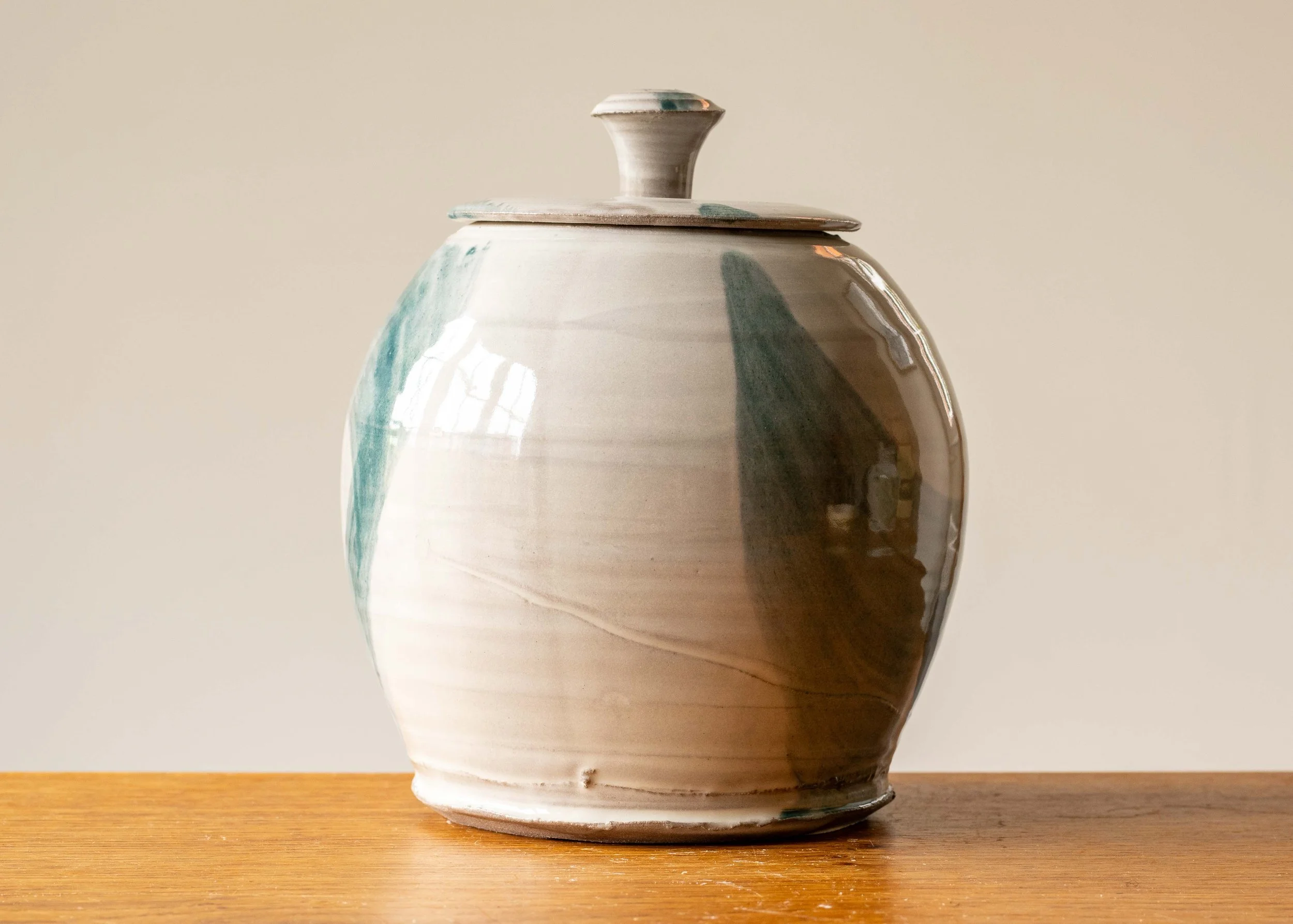 White Handcrafted Lidded Pot and Turquoise Brush Marks, view 2.jpg