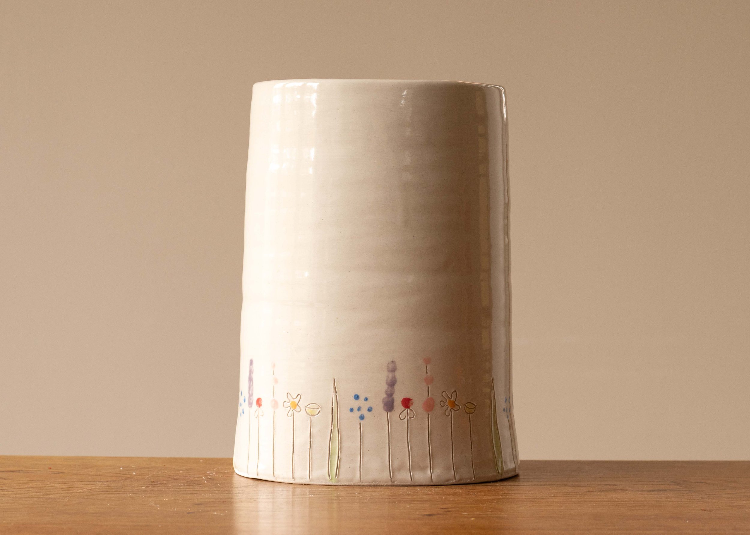 Large White Handmade Oval Pottery Vase with Midsummer Flower Design