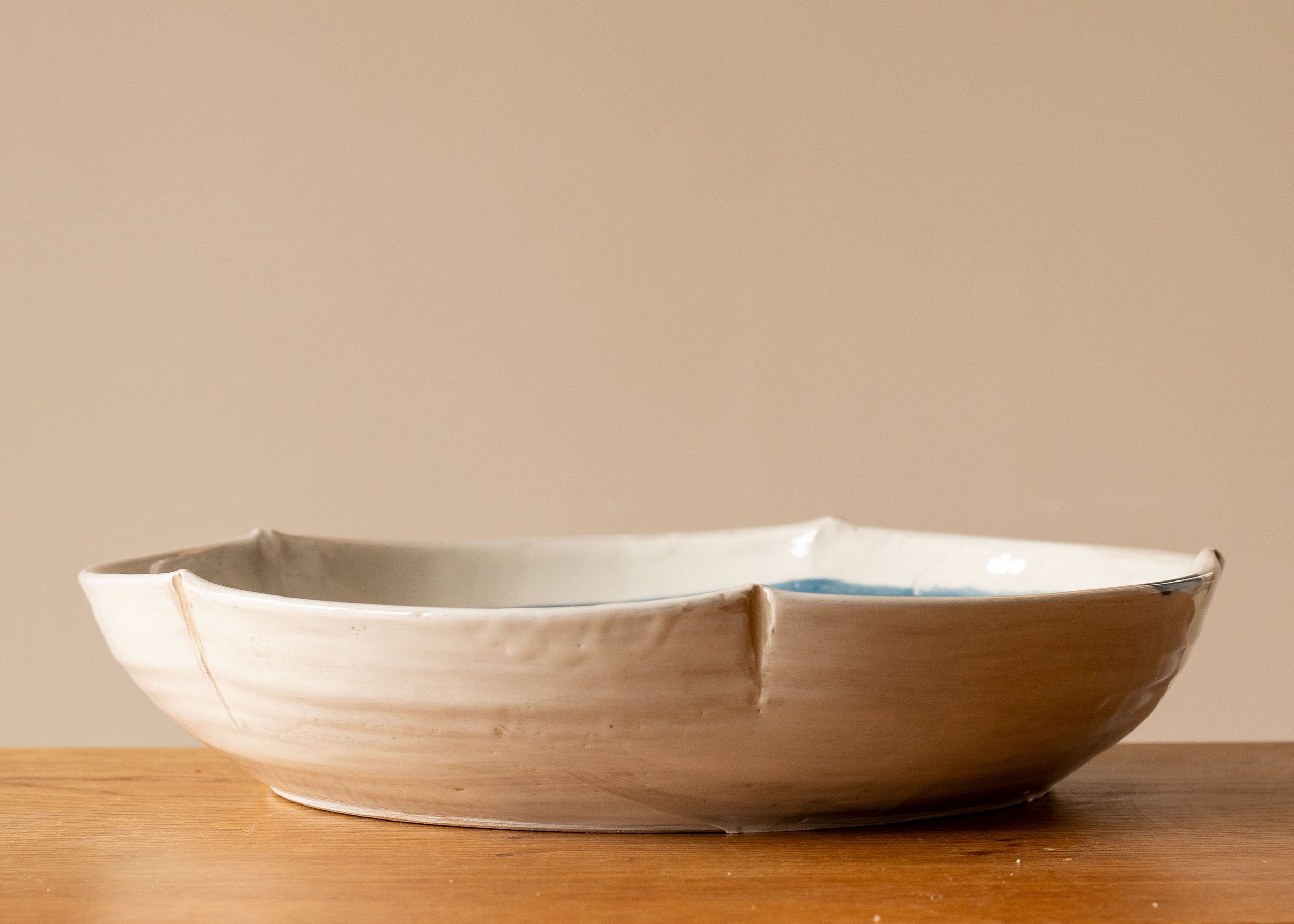 Large Handmade Japandi Style White Serving Plate with Blue Decoration