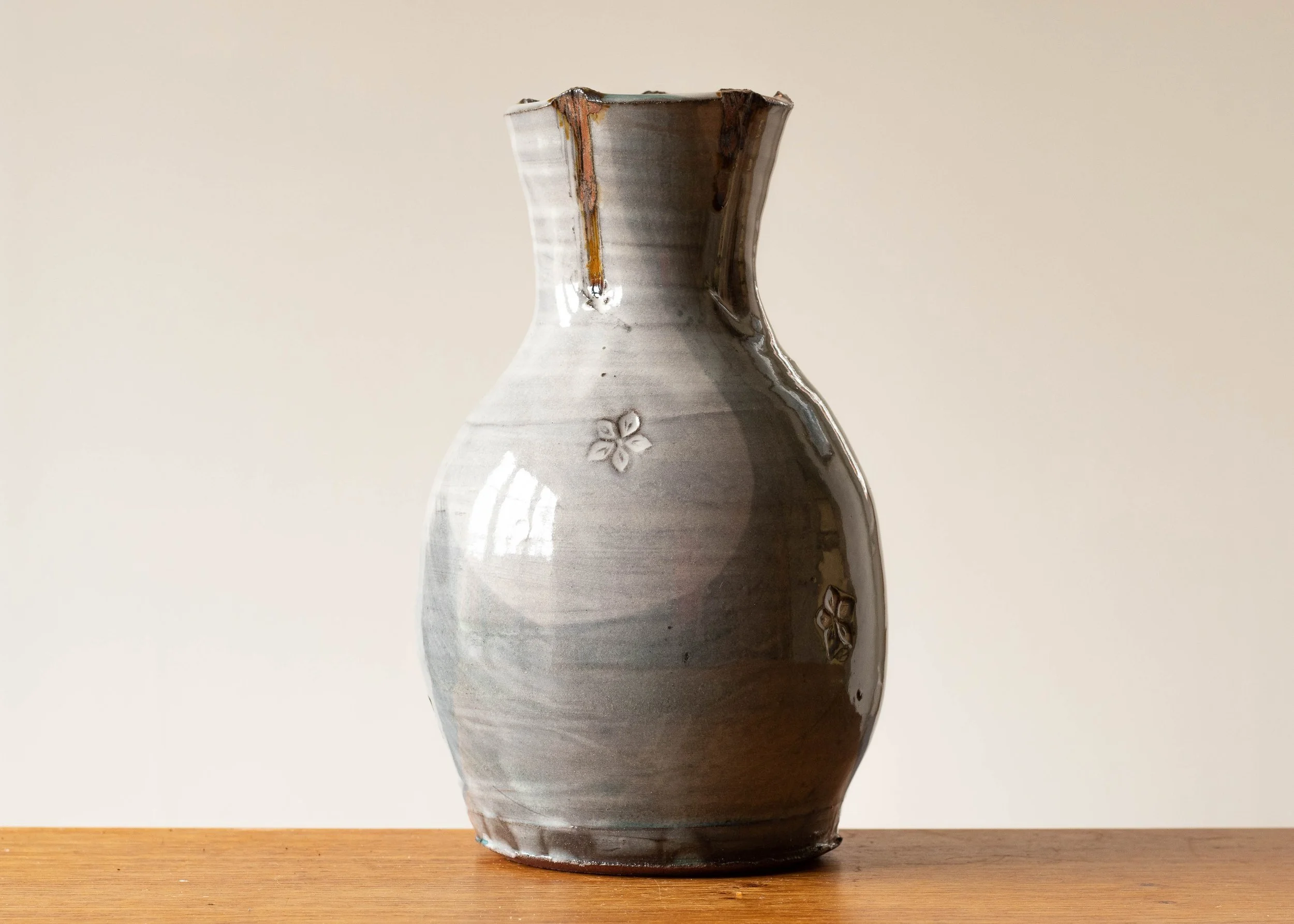 Handmade Pottery Vase with Green Brush Marks, view 1.jpg