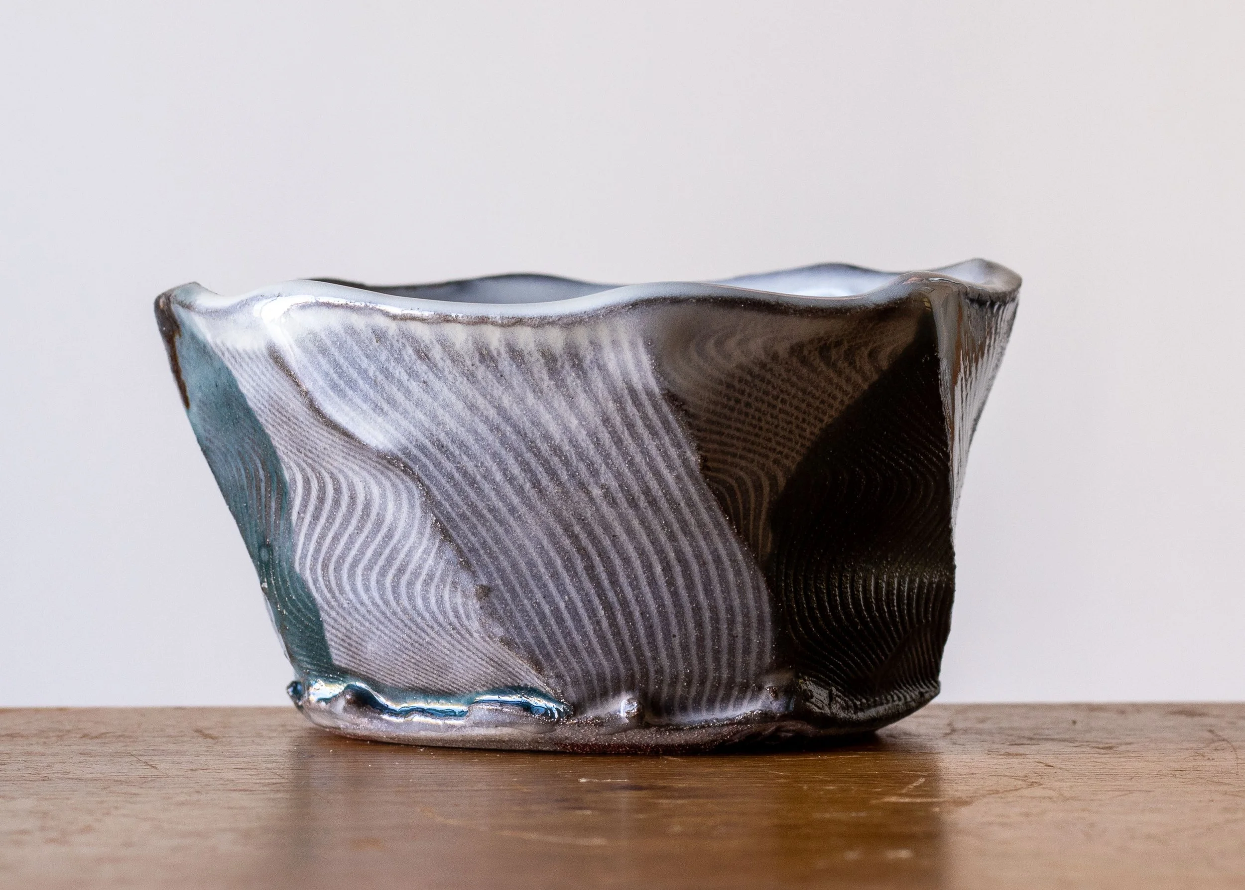 Handmade Pottery Faceted Bowl with Turquoise Brush Marks, view 5.jpg