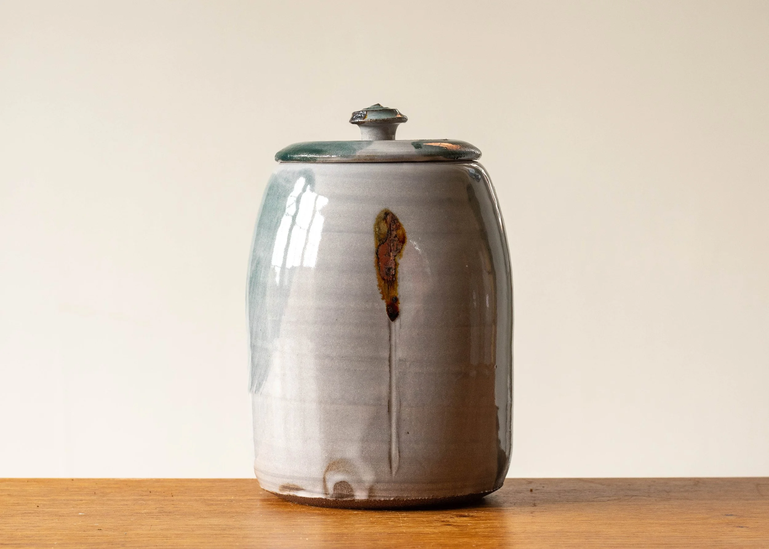 Handmade Pottery Lidded Pot with Green Brush Marks #2, view 4.jpg