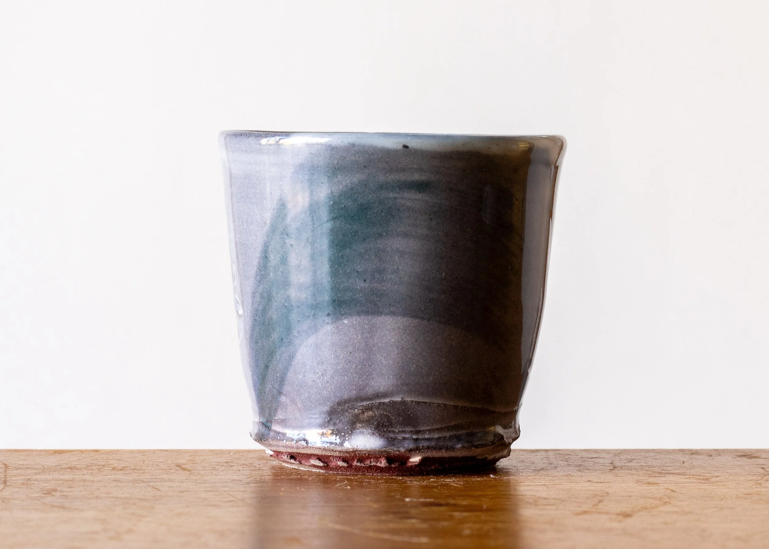 Handmade Pottery Beaker with Turquoise Brush Marks, view 1.jpg