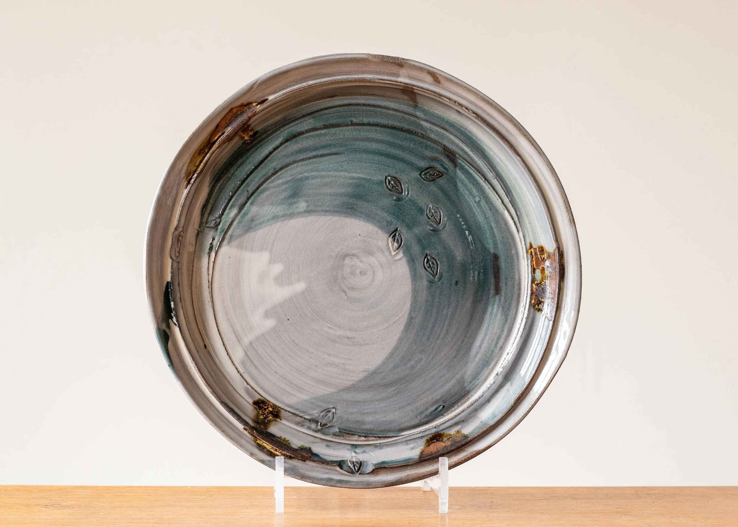 Large Handmade Pottery Dinner Plate with Turquoise Brush Mark, New Work 2025, view 1-2.jpg