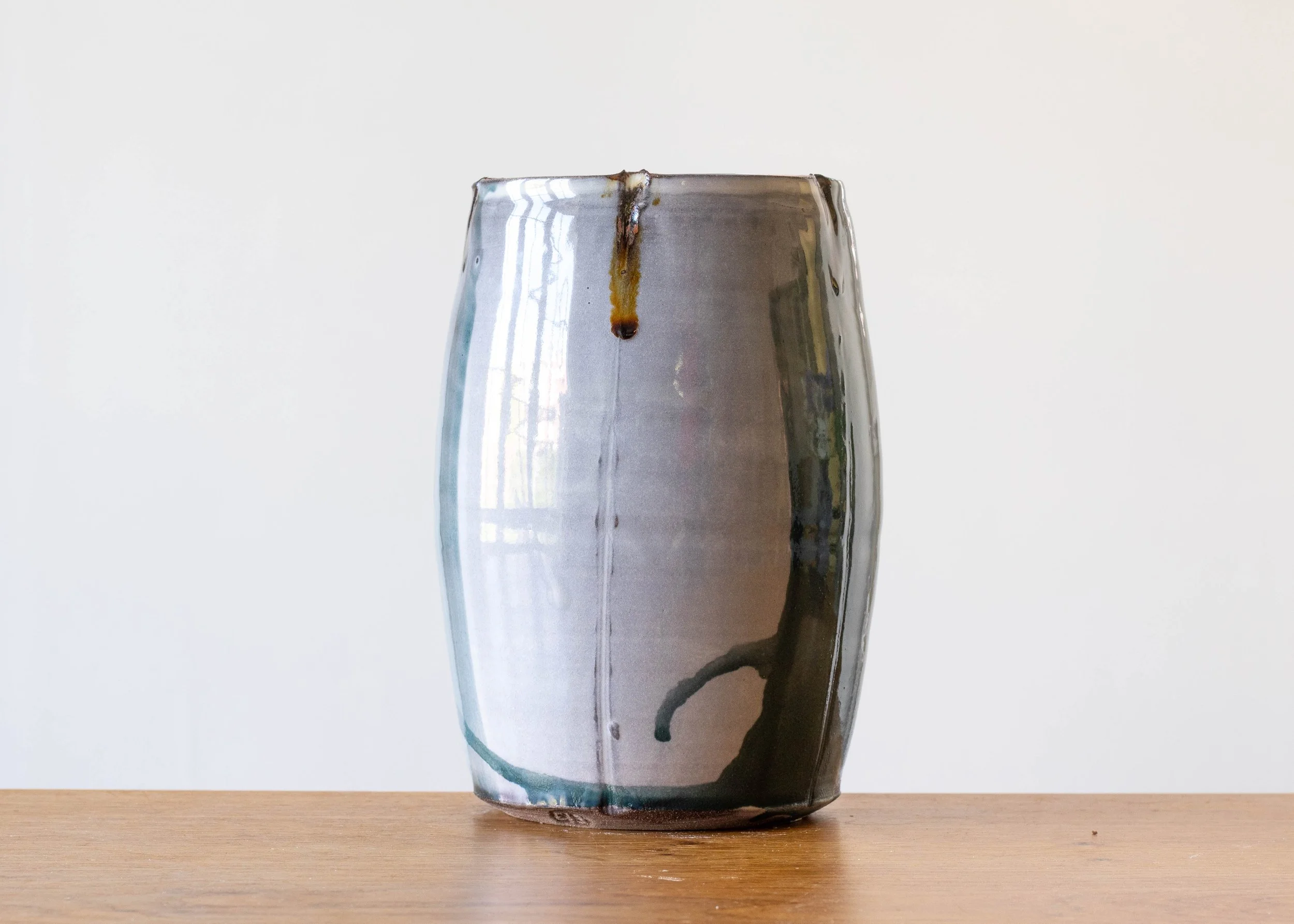 Large Handmade Pottery Vase with Turquoise Brush Marks, view 2.jpg