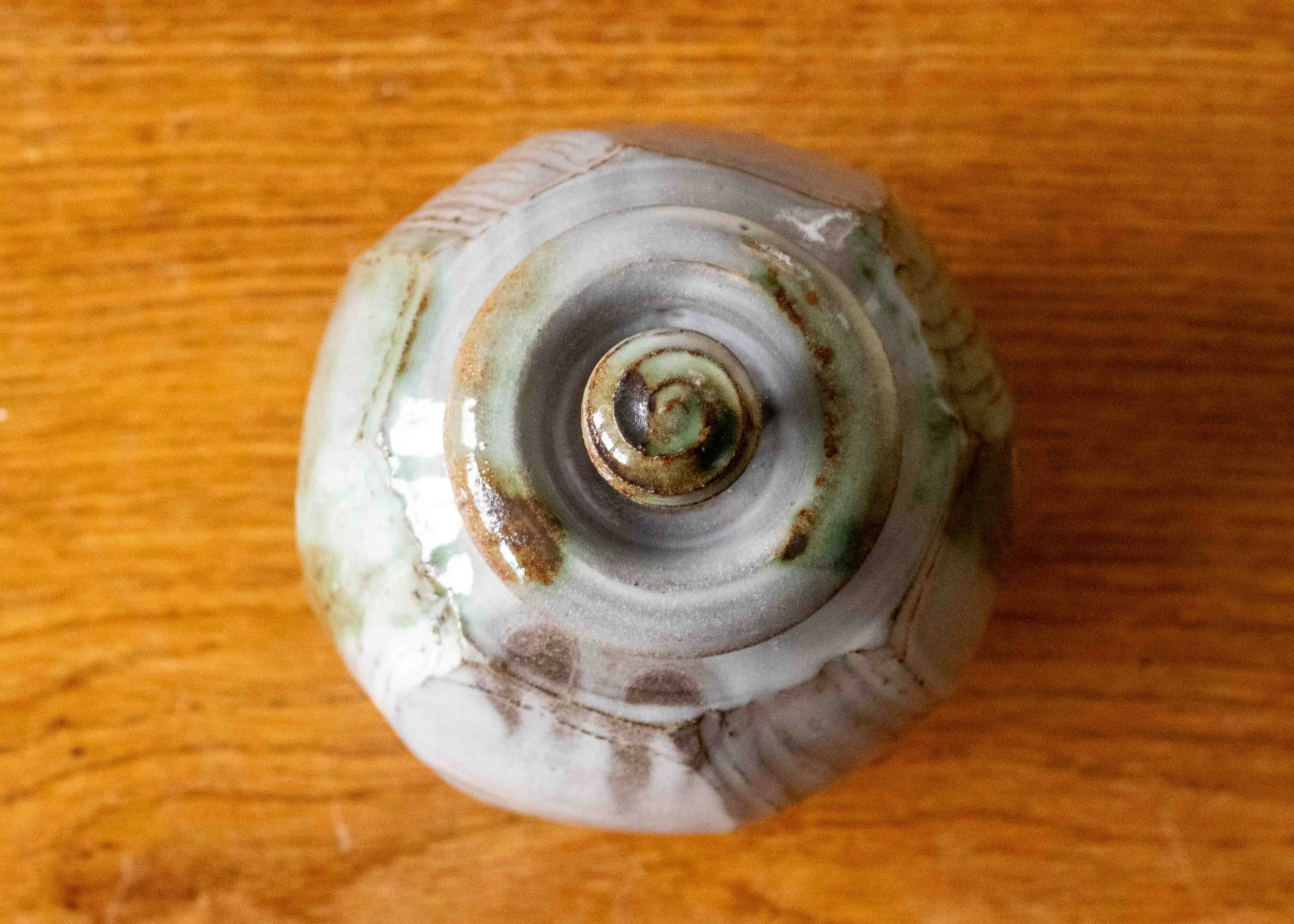 Small Faceted & Textured Lidded Pot with Green Brush Mark, view 5.jpg