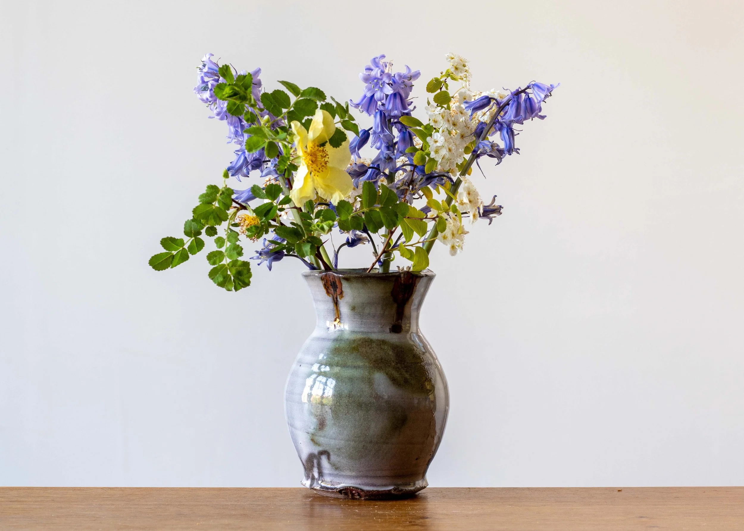 Handmade Japandi Inspired Ceramic Bud Vase with Green Brush Marks