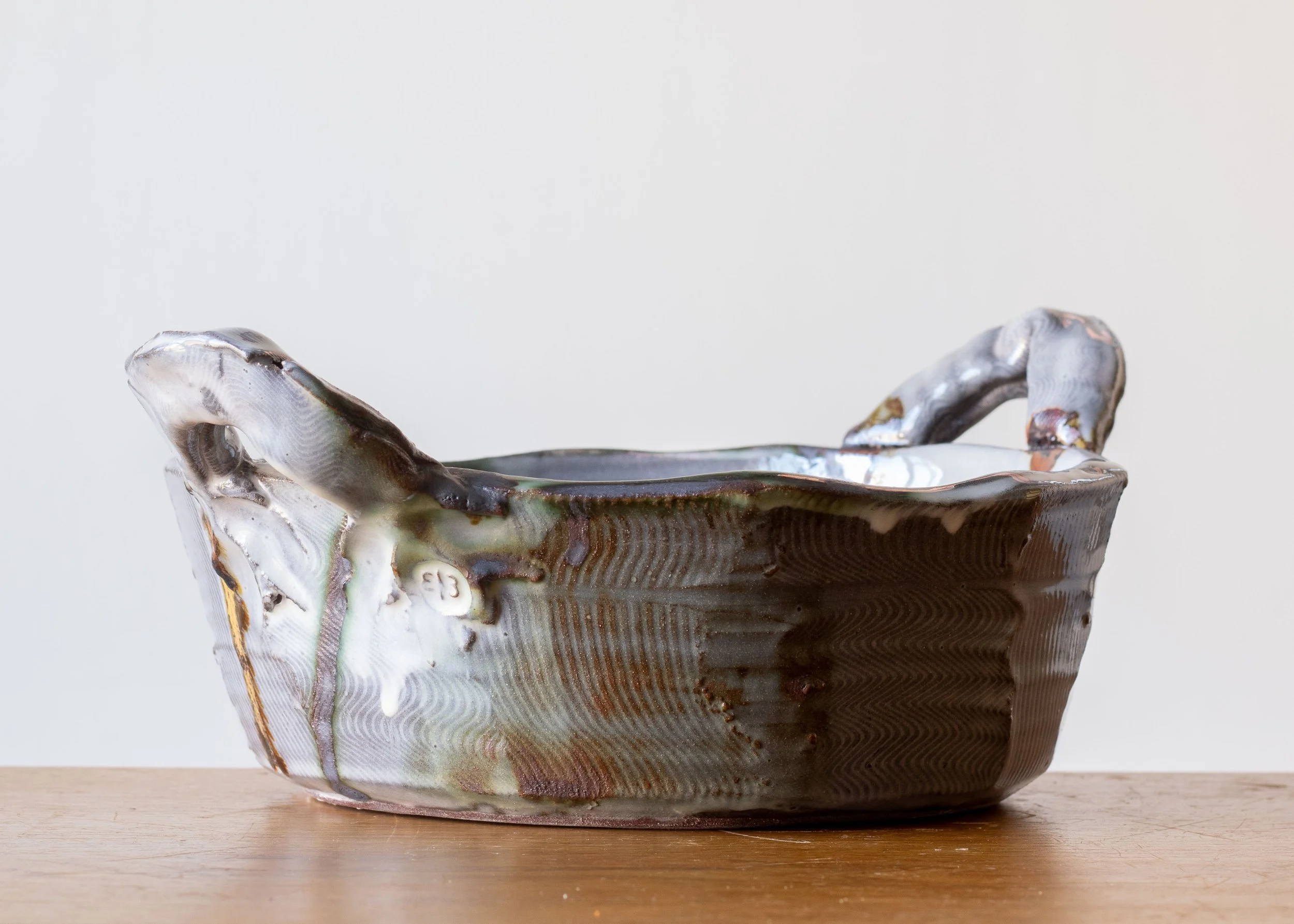 Handmade Pottery Basket with Green Brush Marks, view 1.jpg