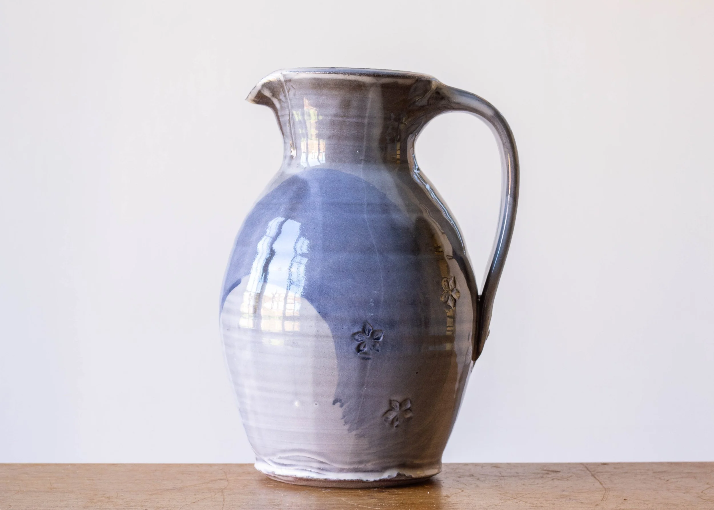 Large Handmade Pottery Jug with Blue Brush Marks, view 1.jpg