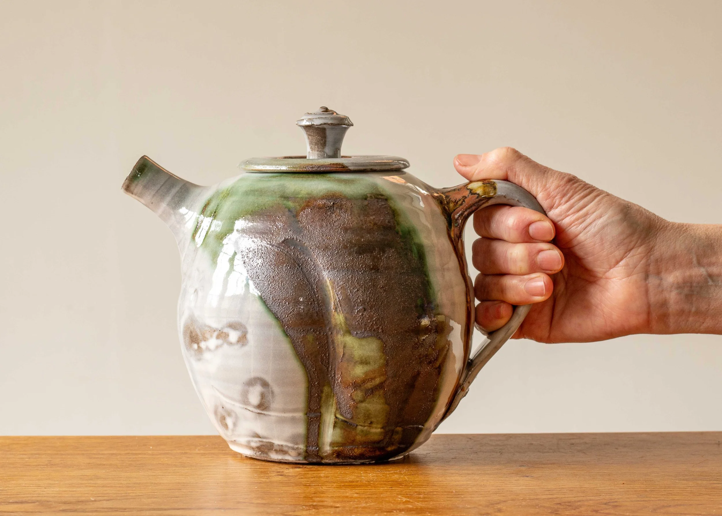 Handmade Stoneware Pottery Teapot with Green Brushed Decoration
