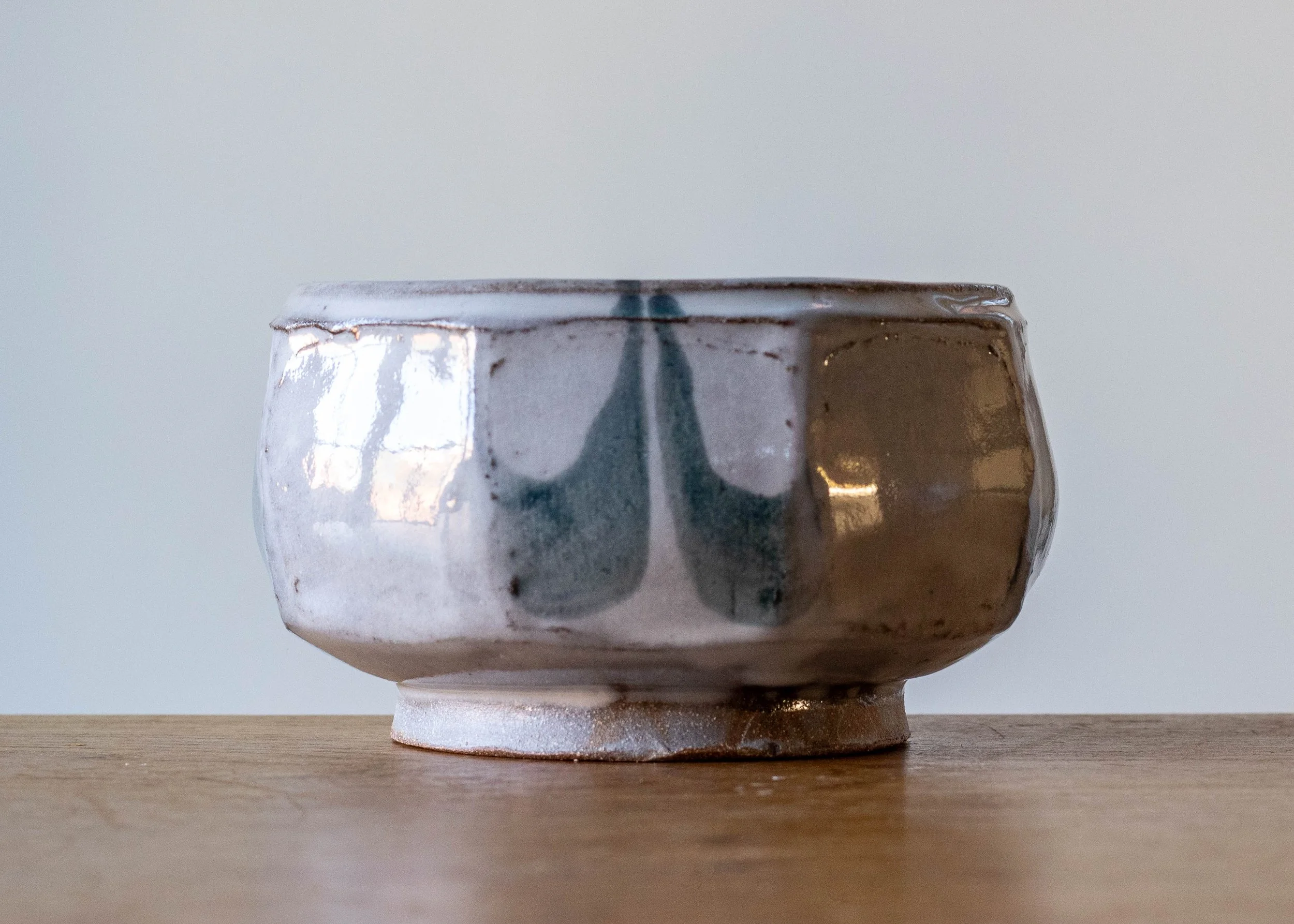 Handmade Pottery Faceted Bowl, New Work 2025, with Green Brush Marks, view 3.jpg