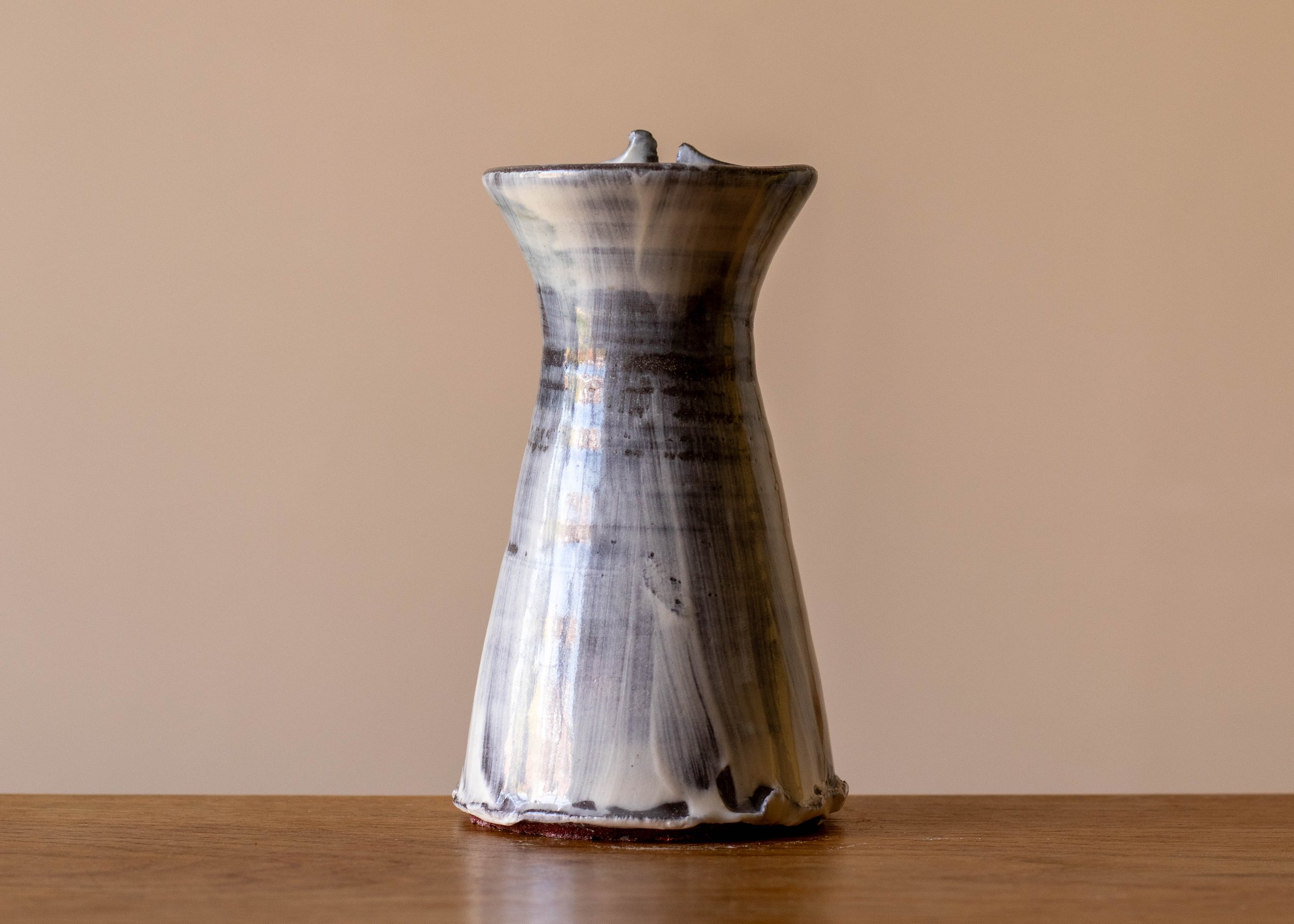 Small handmade stoneware vase with turquoise brushmarks, back view.jpg