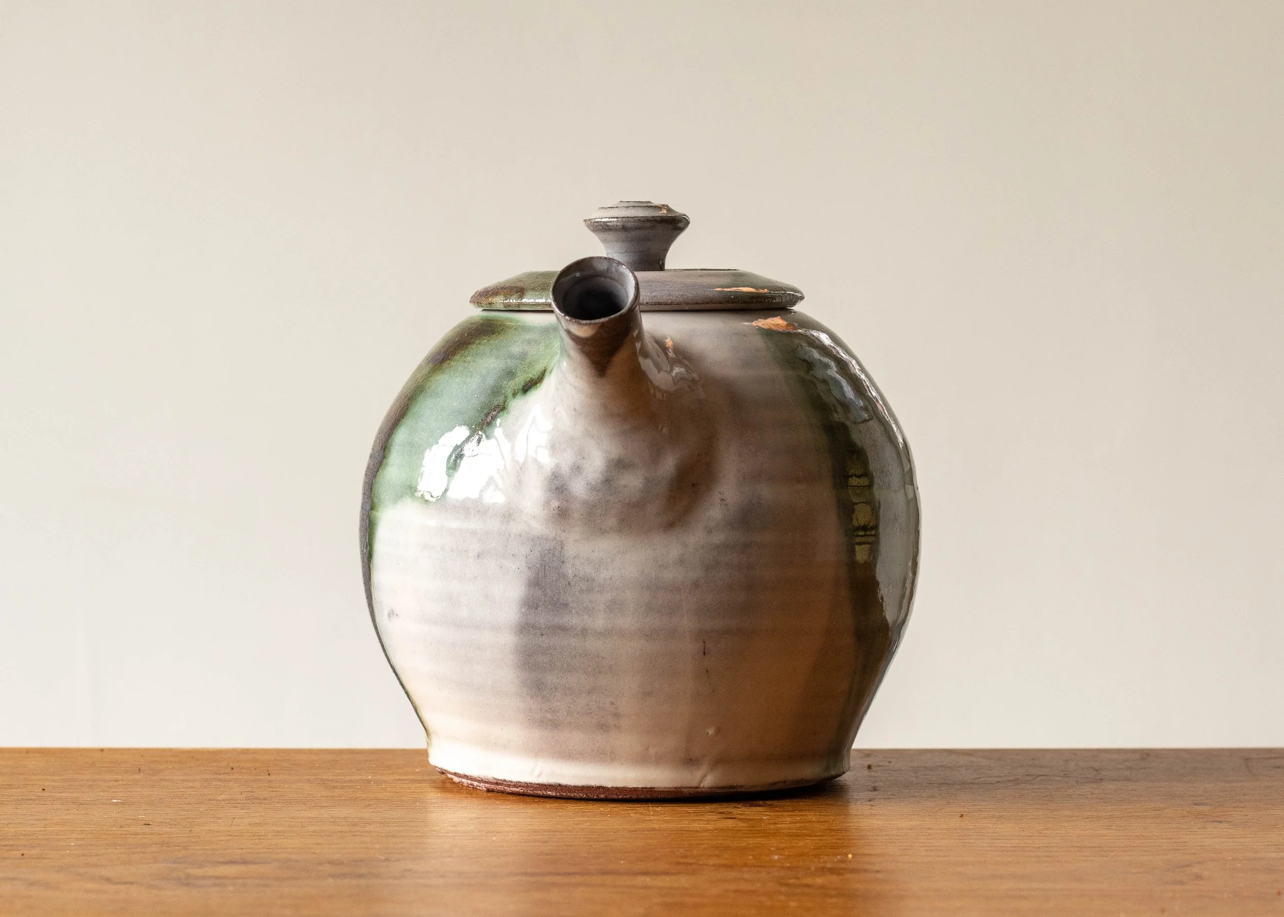 Handmade Pottery Teapot with Green Brush Marks, view 3.jpg