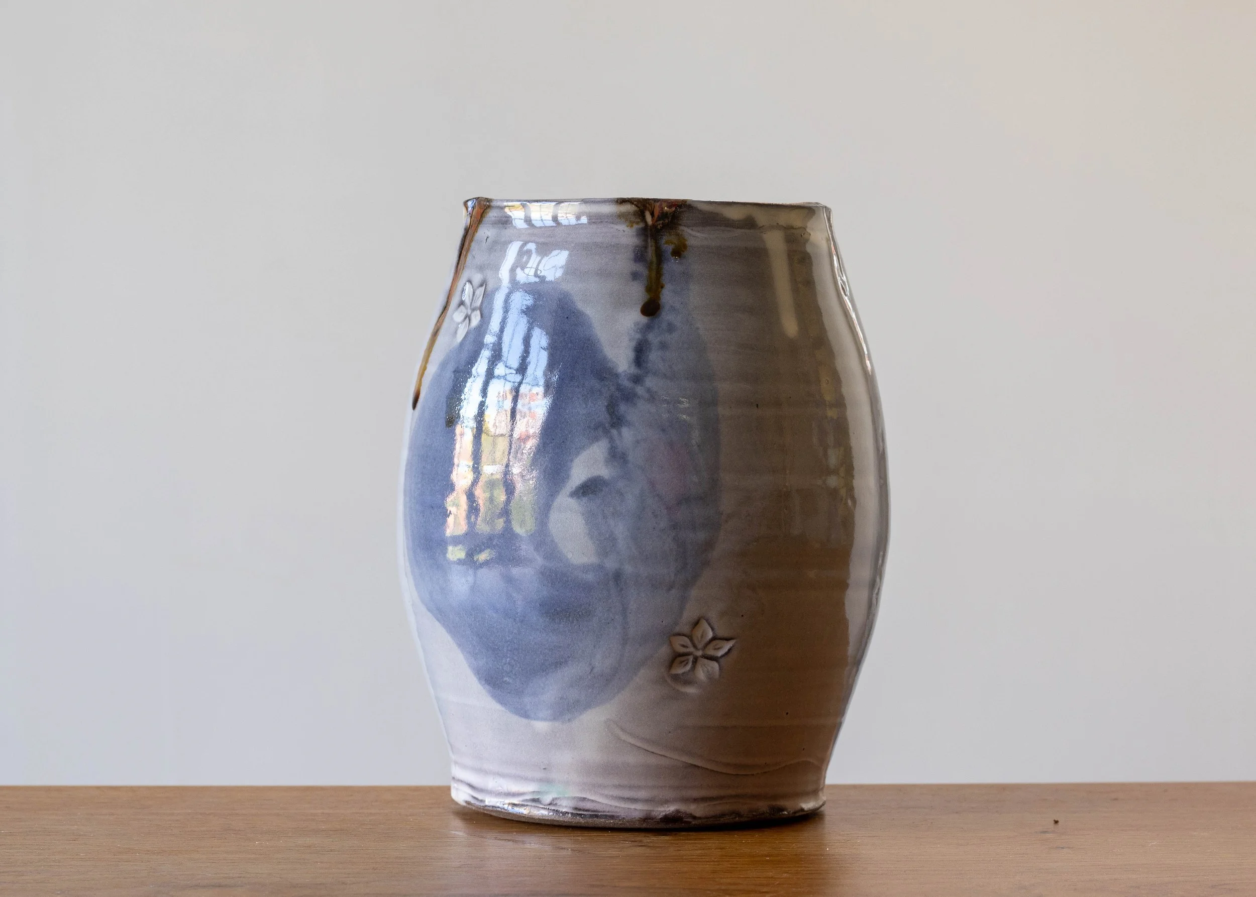 Large Handmade Pottery Vase with Blue Brush Marks, view 1.jpg