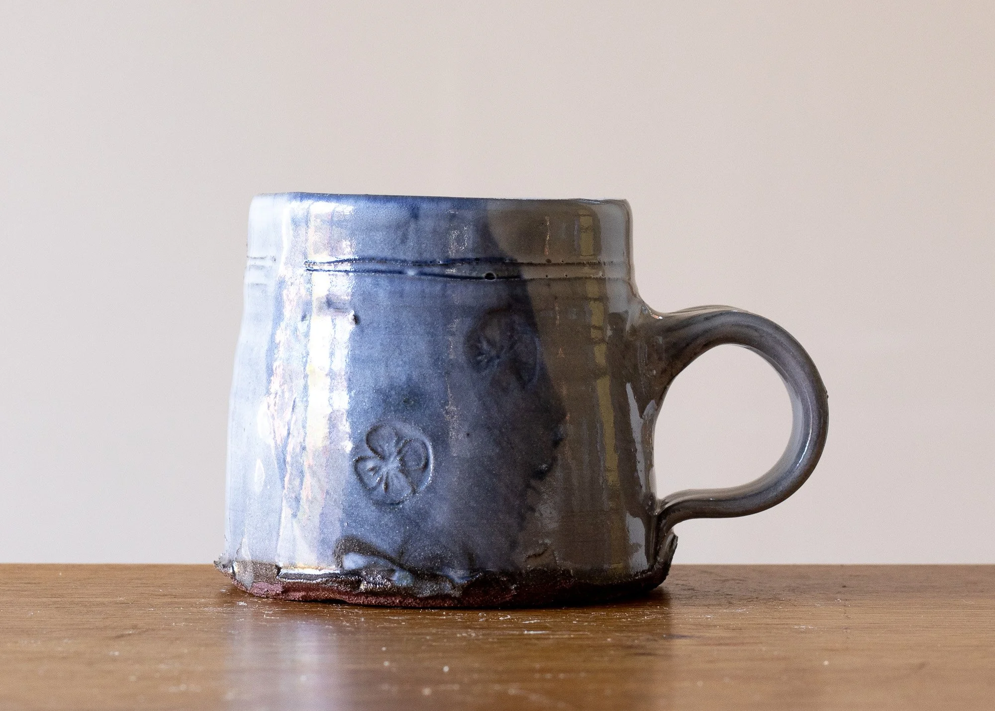 Small White Handmade Pottery Japandi Style Mug or Coffee Cup with Blue Brushed Decoration