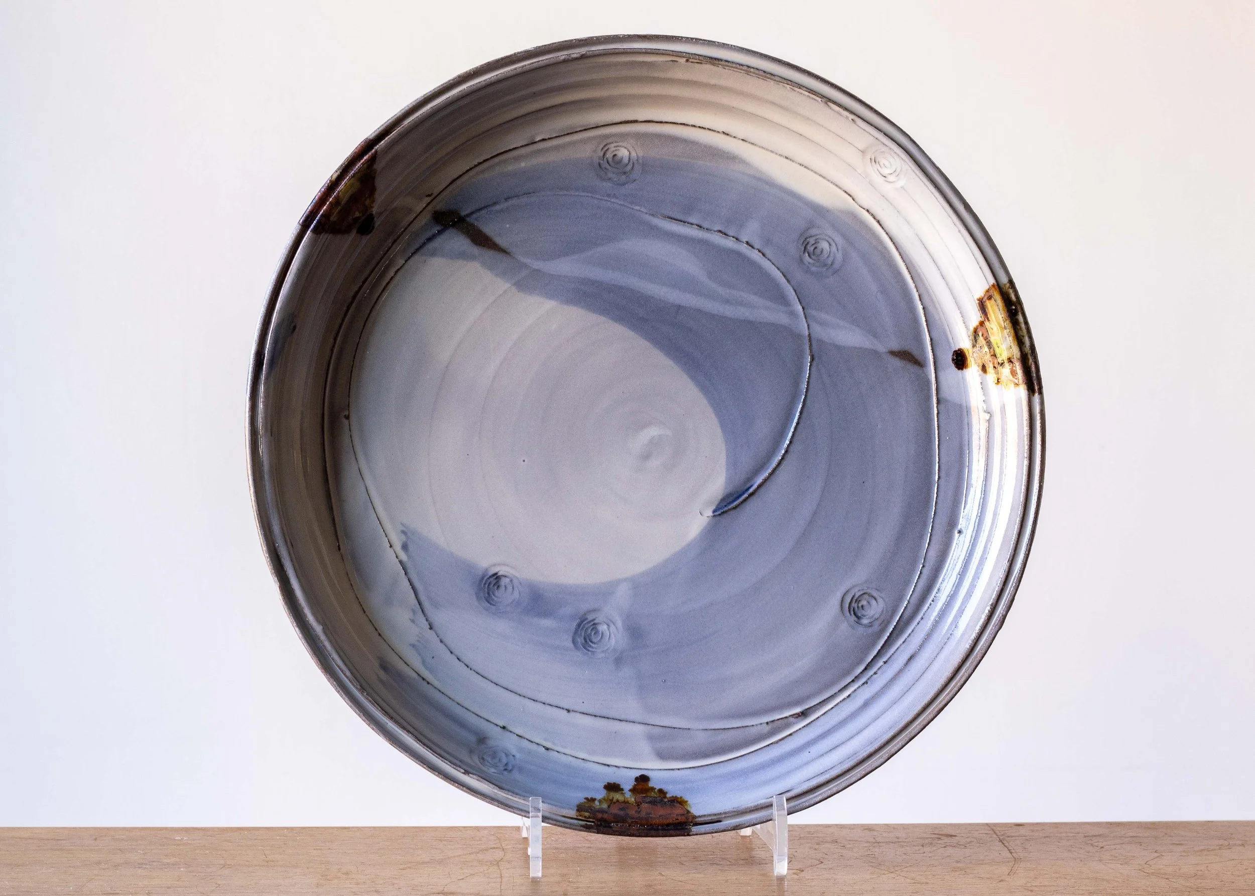 Large Handmade Pottery Plate with Blue Brush Marks, view 1.jpg
