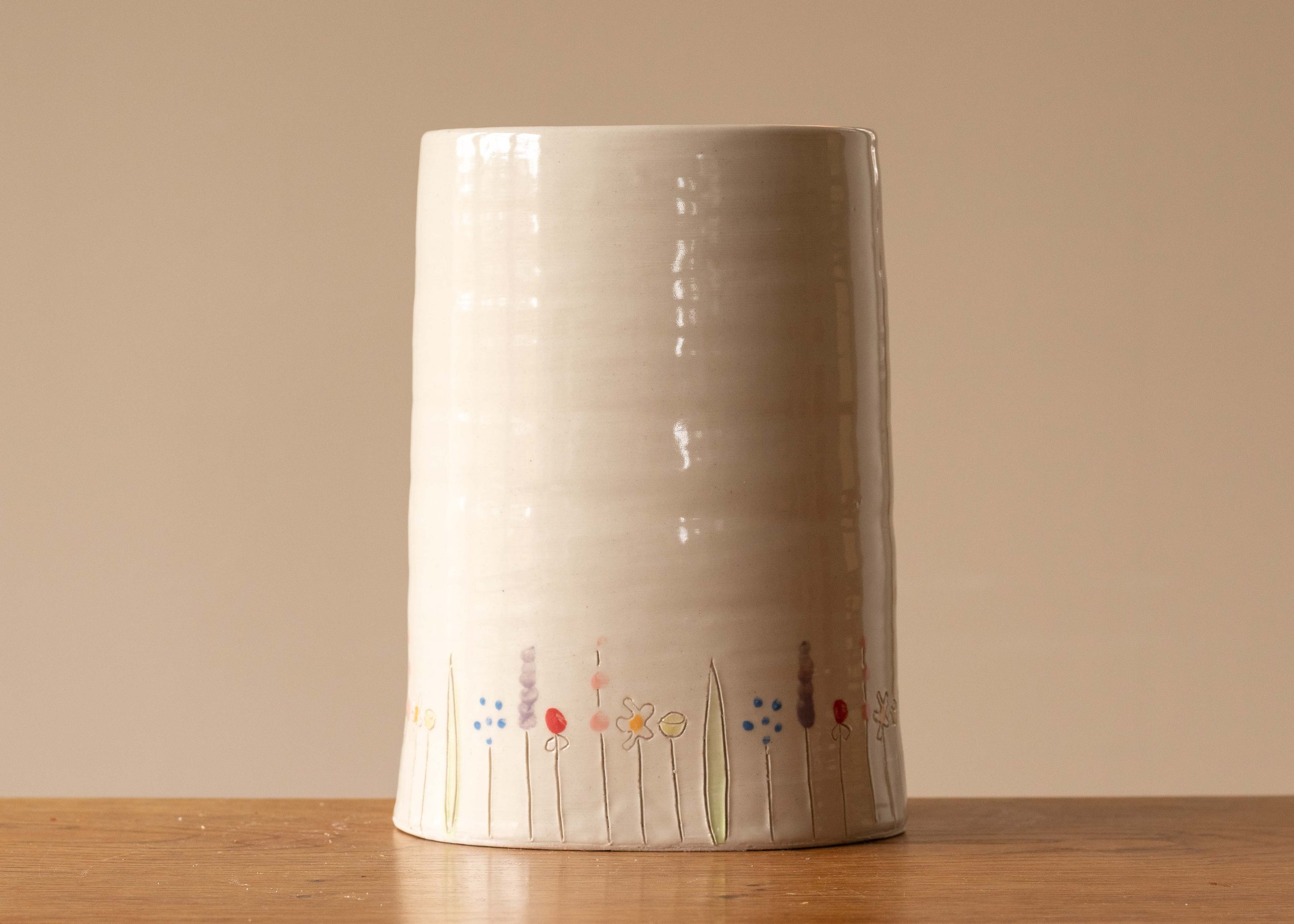 Large White Handmade Oval Pottery Vase with Midsummer Flower Design