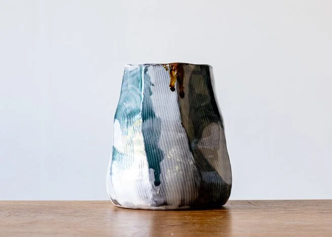 Faceted vase with Turquoise Brush Marks, side 4.jpg