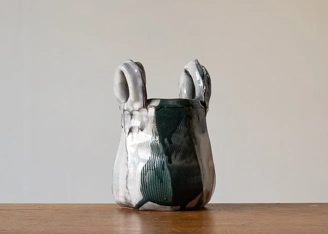 Faceted vase with turquoise brush marks, view 2.jpg