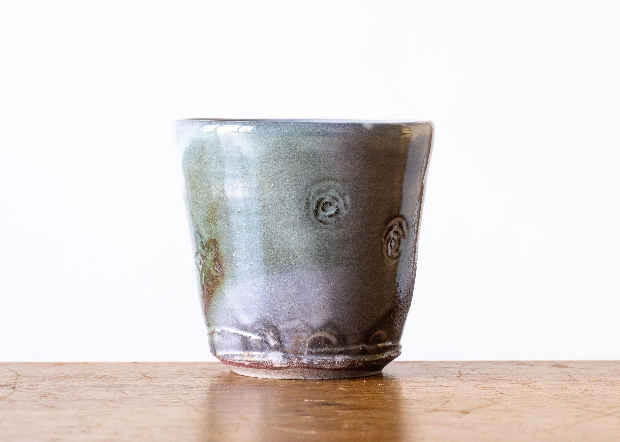 Handmade Pottery Beaker with Green Brush Mark, view 2.jpg