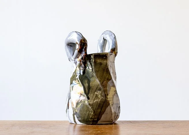 Faceted vase with Brown Brush Marks & hand built handles.jpg