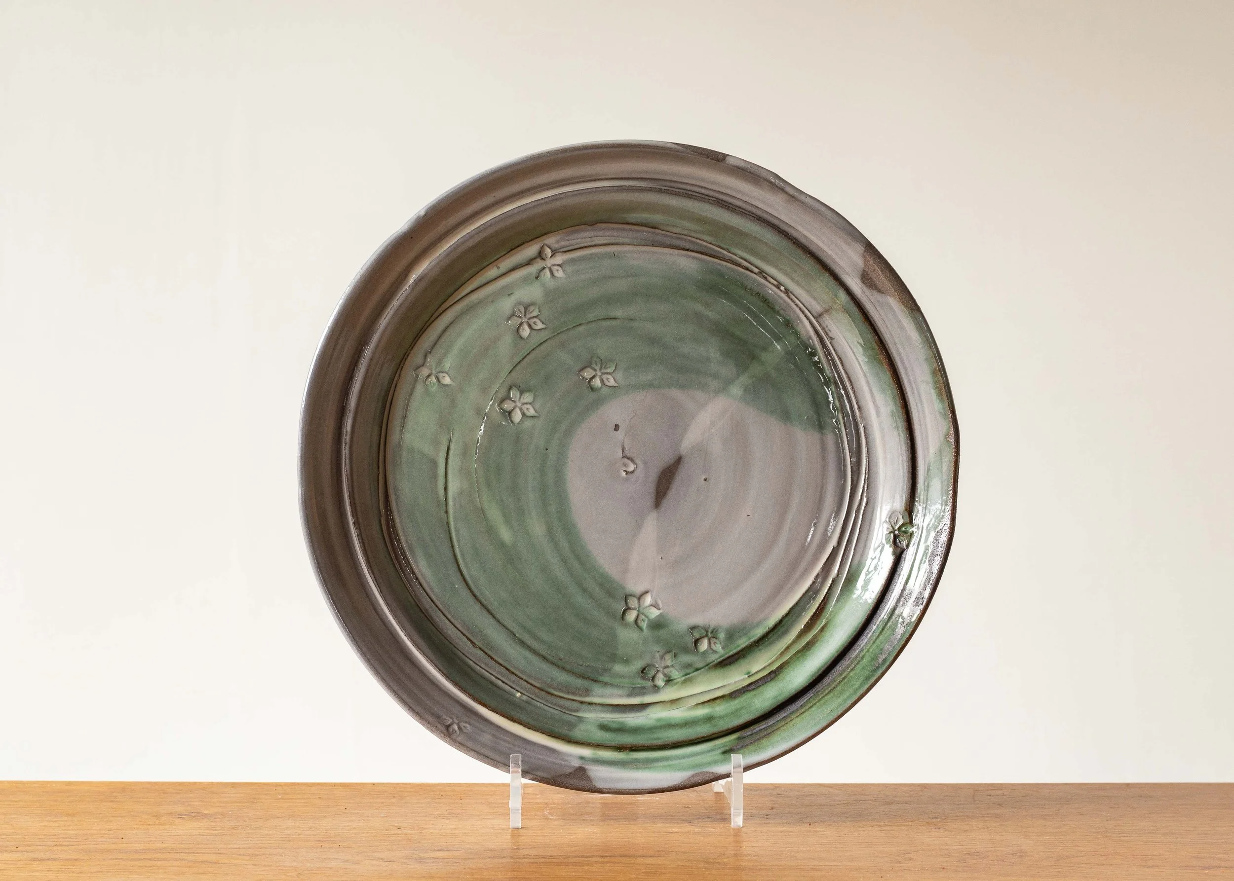 Large Handmade Serving Plate with Green Brush Mark, view 1.jpg