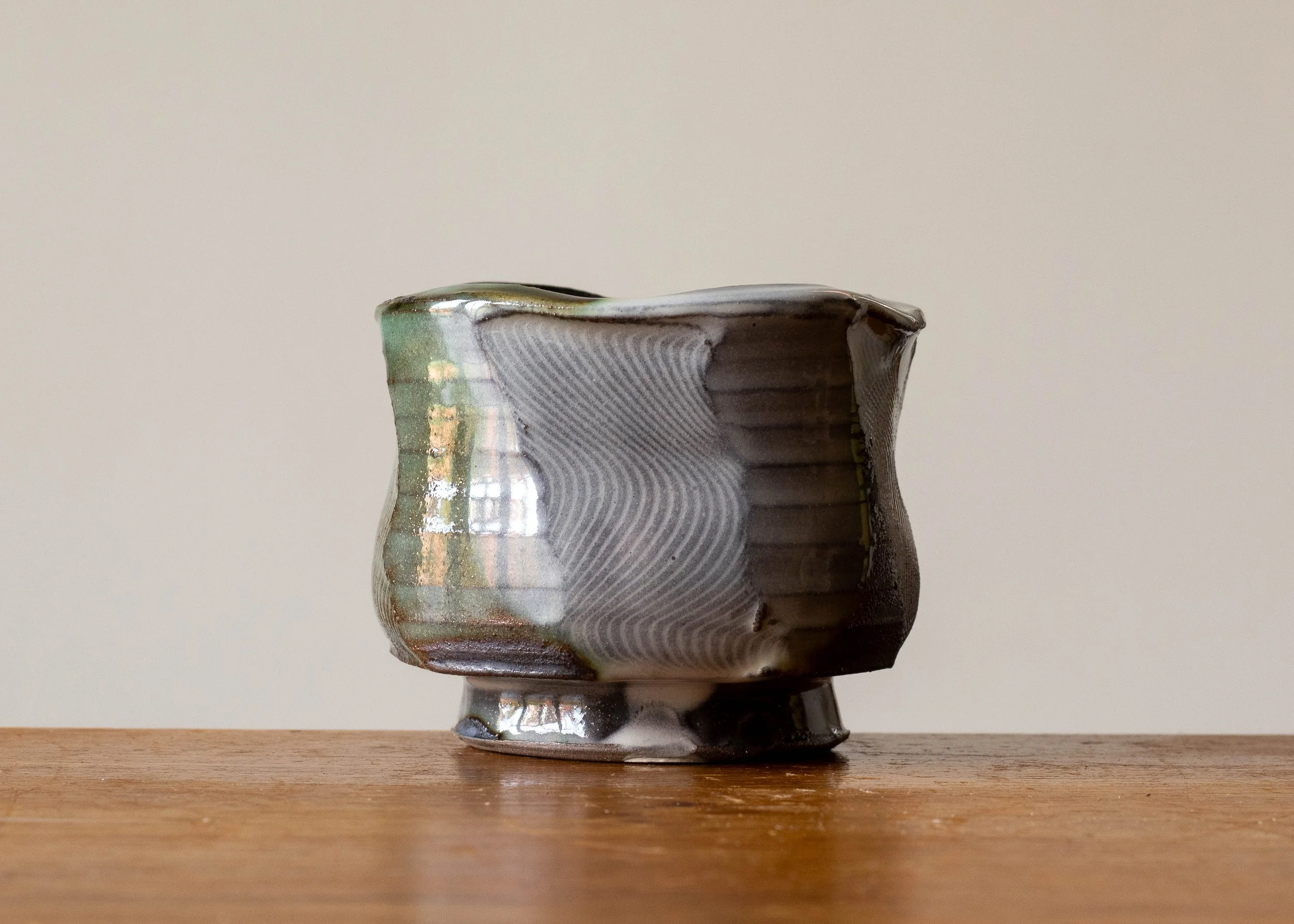 Handmade Stoneware Pottery Tea Bowl with Green Brush Mark, view 2.jpg