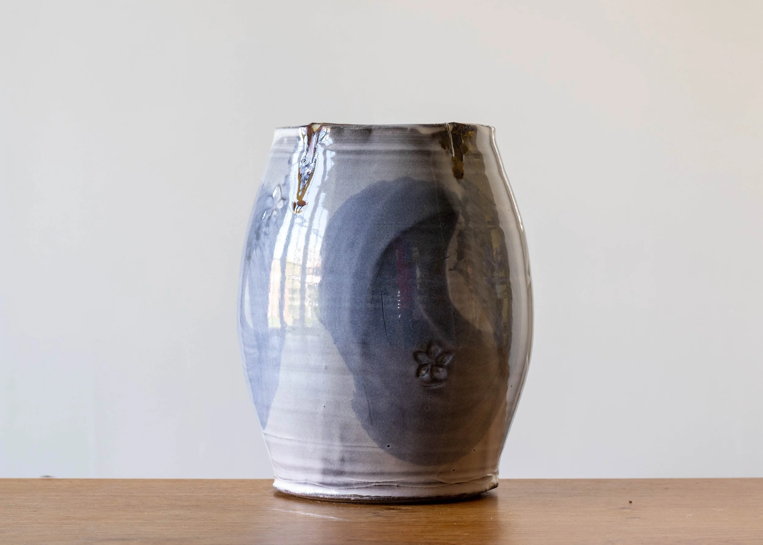 Large Handmade Pottery Vase with Blue Brush Marks, view 3.jpg