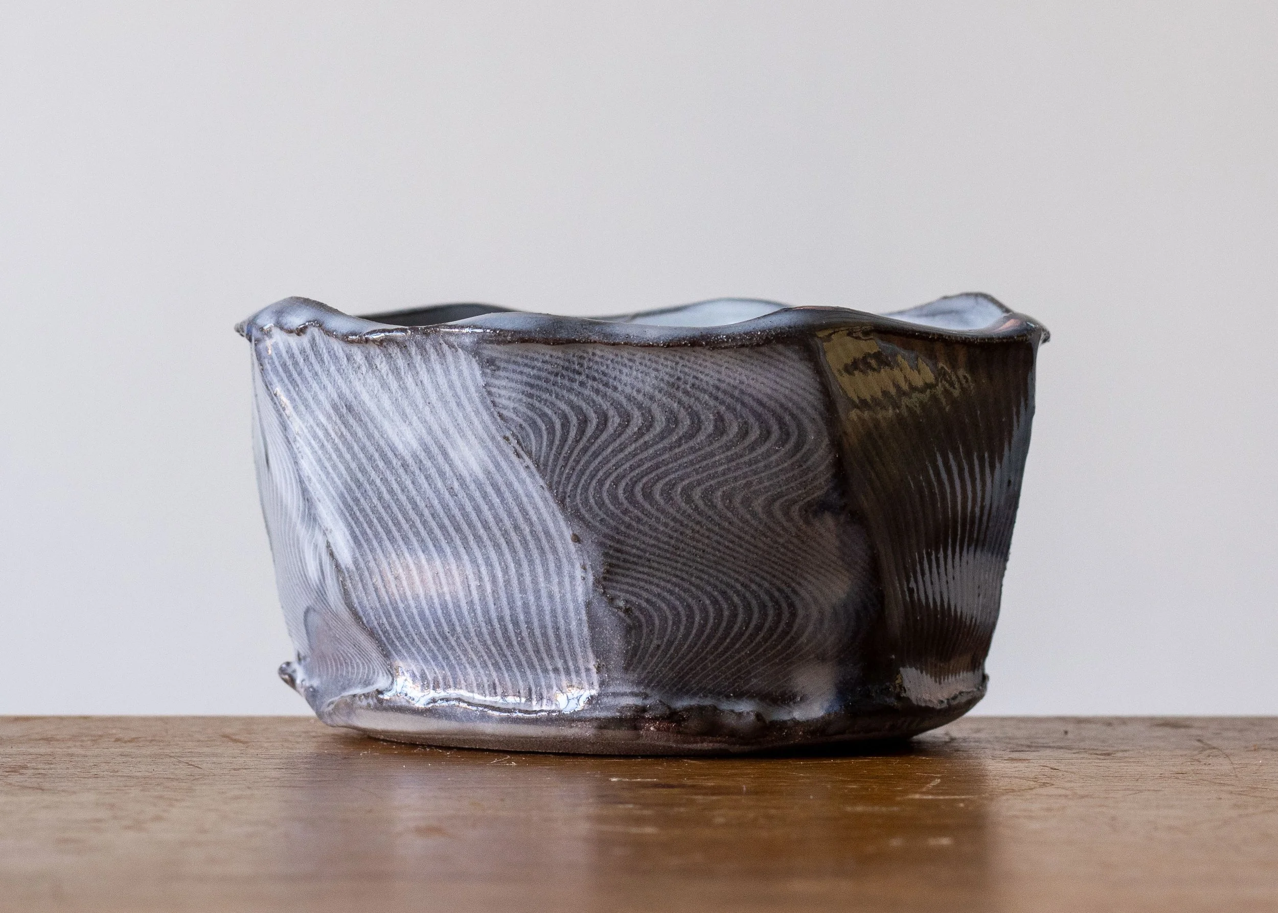 Handmade Pottery Faceted Bowl with Blue Brush Marks, view 2.jpg