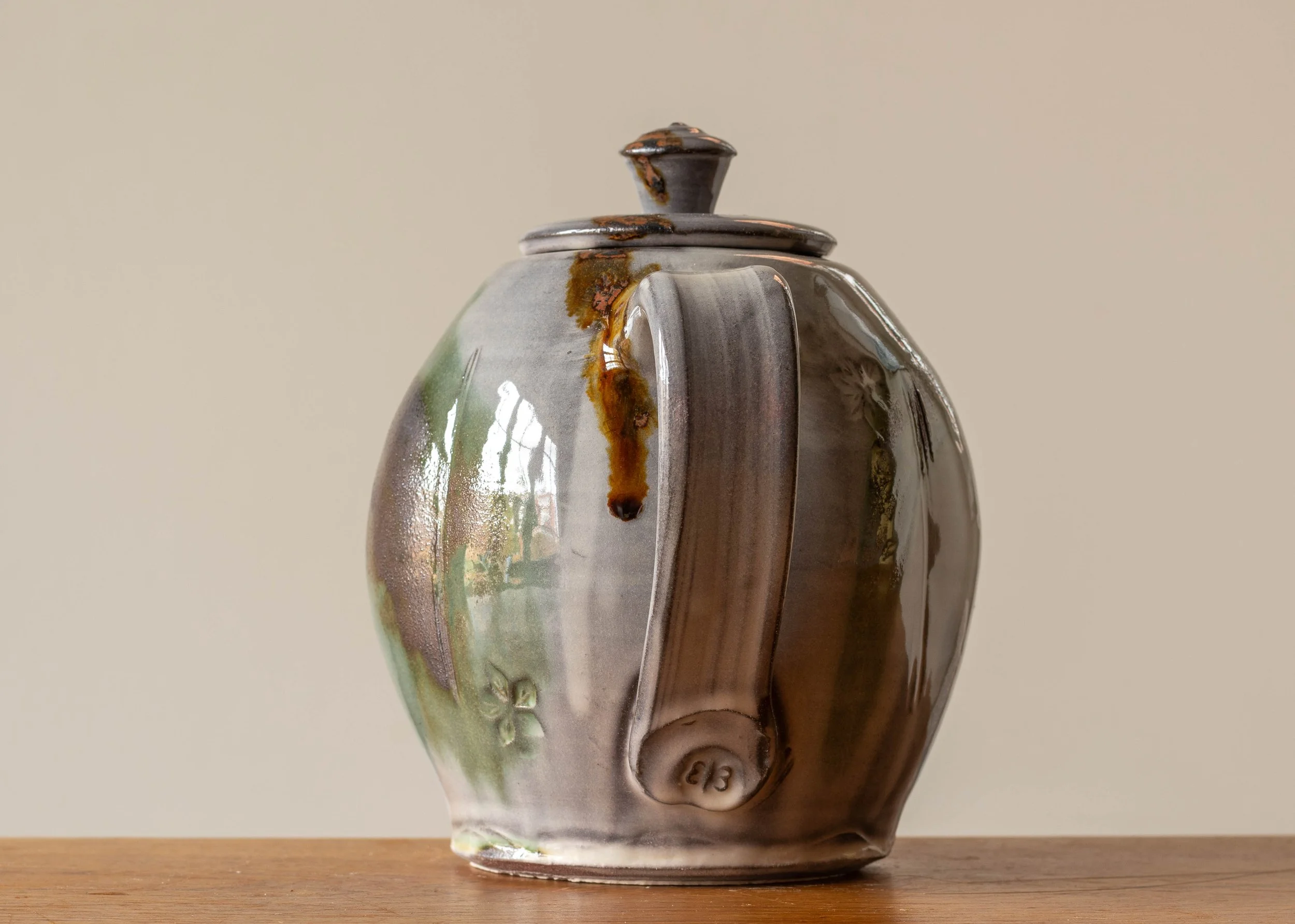 Handmade Pottery Teapot with Green Brush Marks, view 4.jpg