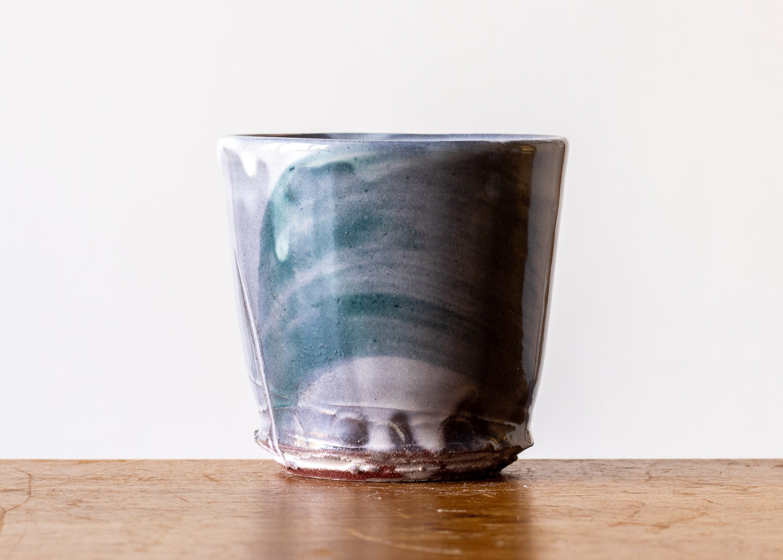 Handmade Pottery Beaker with Turquoise Brush Marks, view 3.jpg
