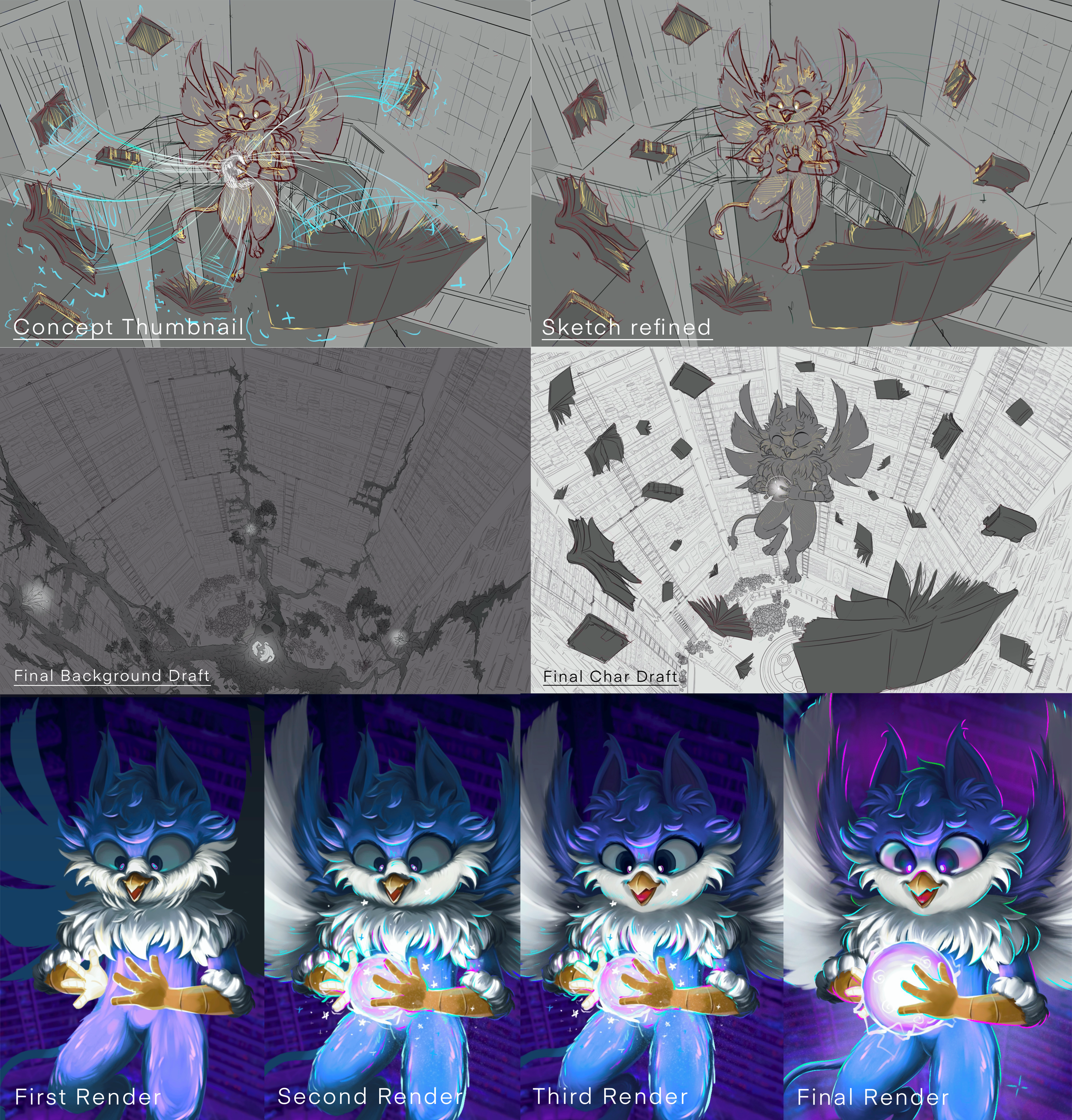 Initial Concept
 - The project began as a two-story library environment. After sharing my thumbnails with the directors, they suggested transforming it into an infinitely stretched magical library, abandoned and lost to time. Once this direction was 
