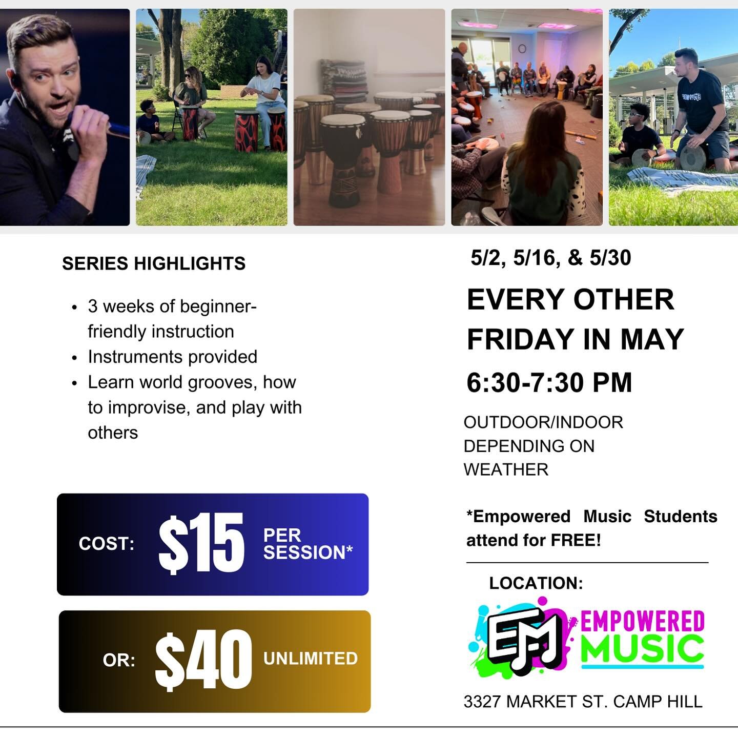 IT&rsquo;S GONNA BE MAY!
Drum Circles are back!! Join us every other Friday in May for a great time 😁 Beginner friendly, drums provided. Drop in for one or come to all 3 🪘#camphillpa #empoweredmusic #drumcircle