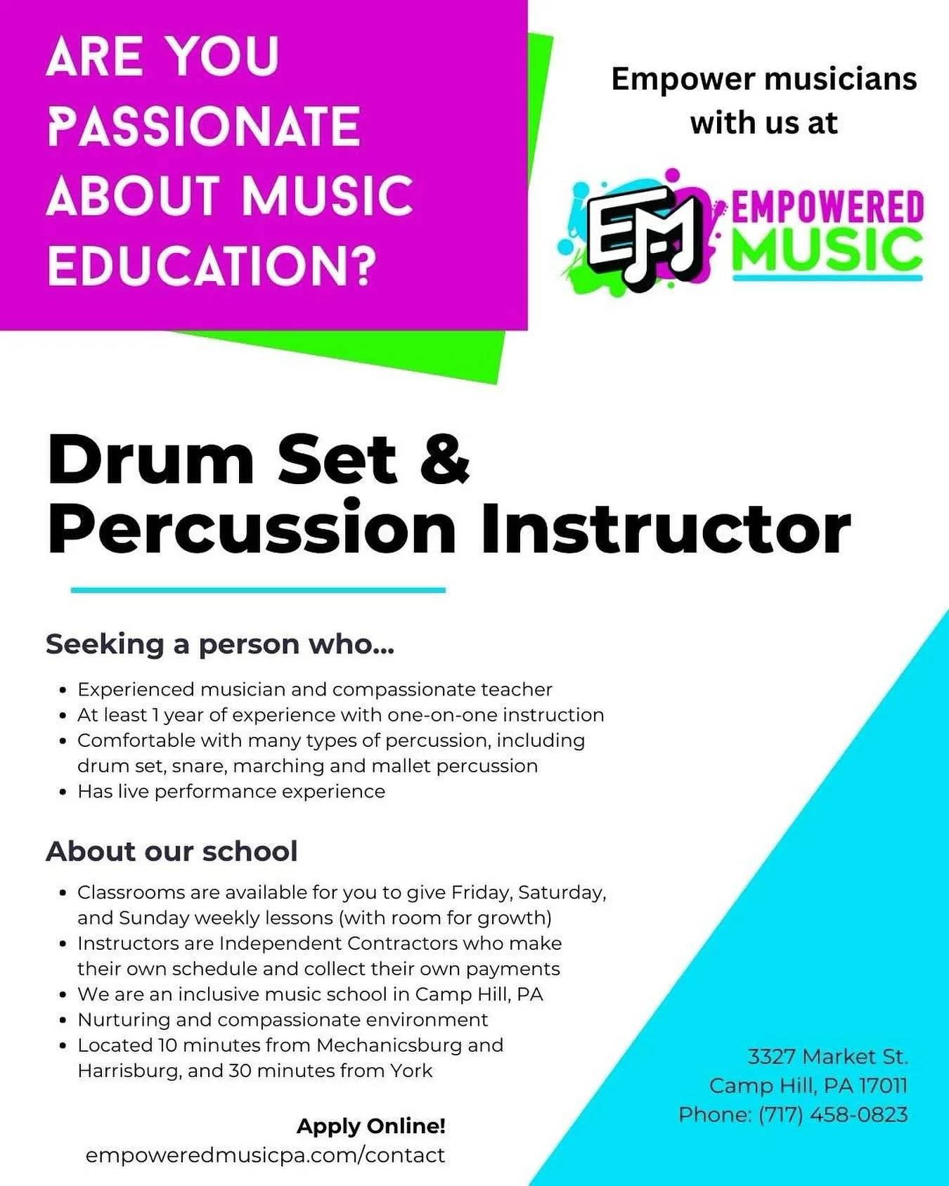 Empowered Music in Camp Hill, PA is growing and would love to have another drum set instructor on our team! Please share this with all enthusiastic music educators you know.