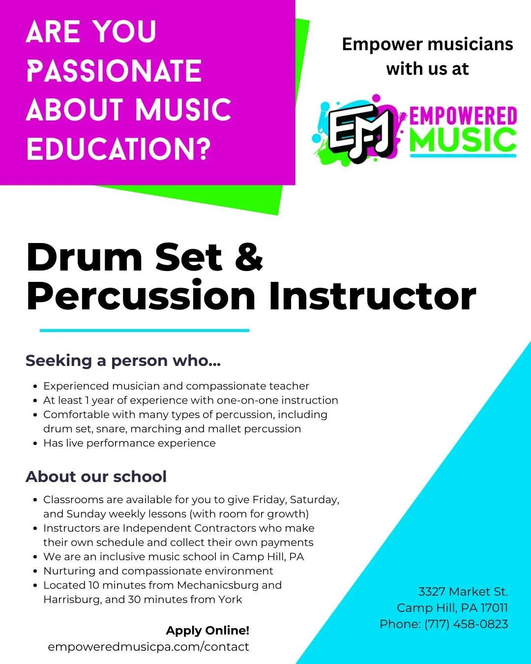 Empowered Music in Camp Hill, PA is growing and would love to have another drum set instructor on our team! Please share this with all enthusiastic music educators you know.
