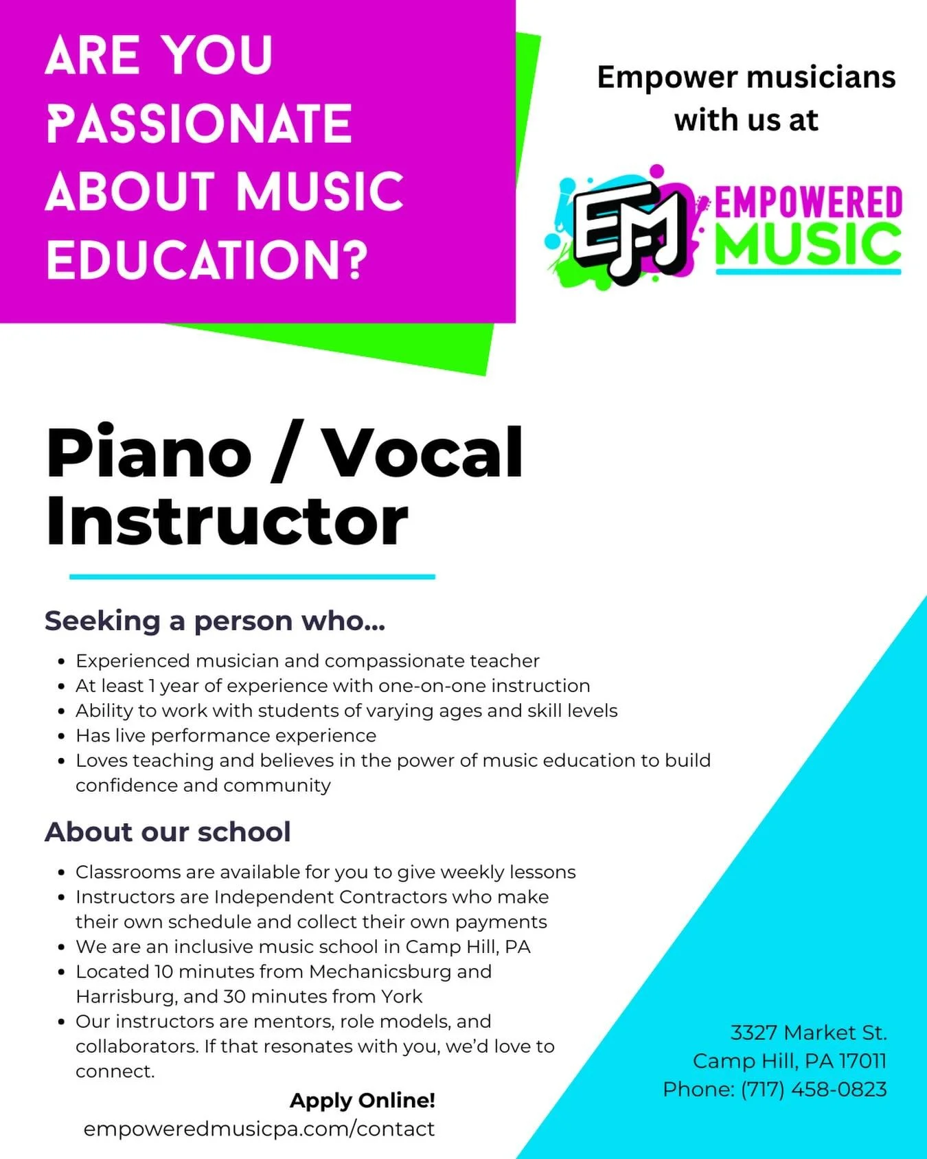 🚨We&rsquo;re looking for our next instructor! If you teach voice +piano is a huge plus, we have students ready to fill your book! Please read the flyer and apply on our website 🎤🎹
