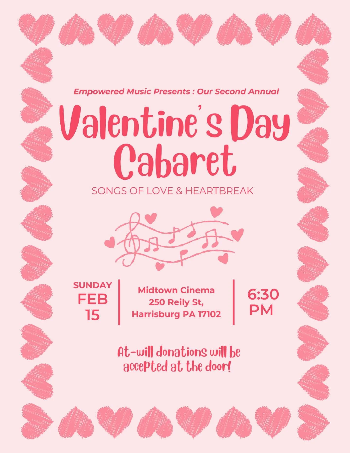 Come to the @midtowncinema Sunday, 2/15 to celebrate Vday with songs of love and heartbreak, performances by EM students and instructors ❤️