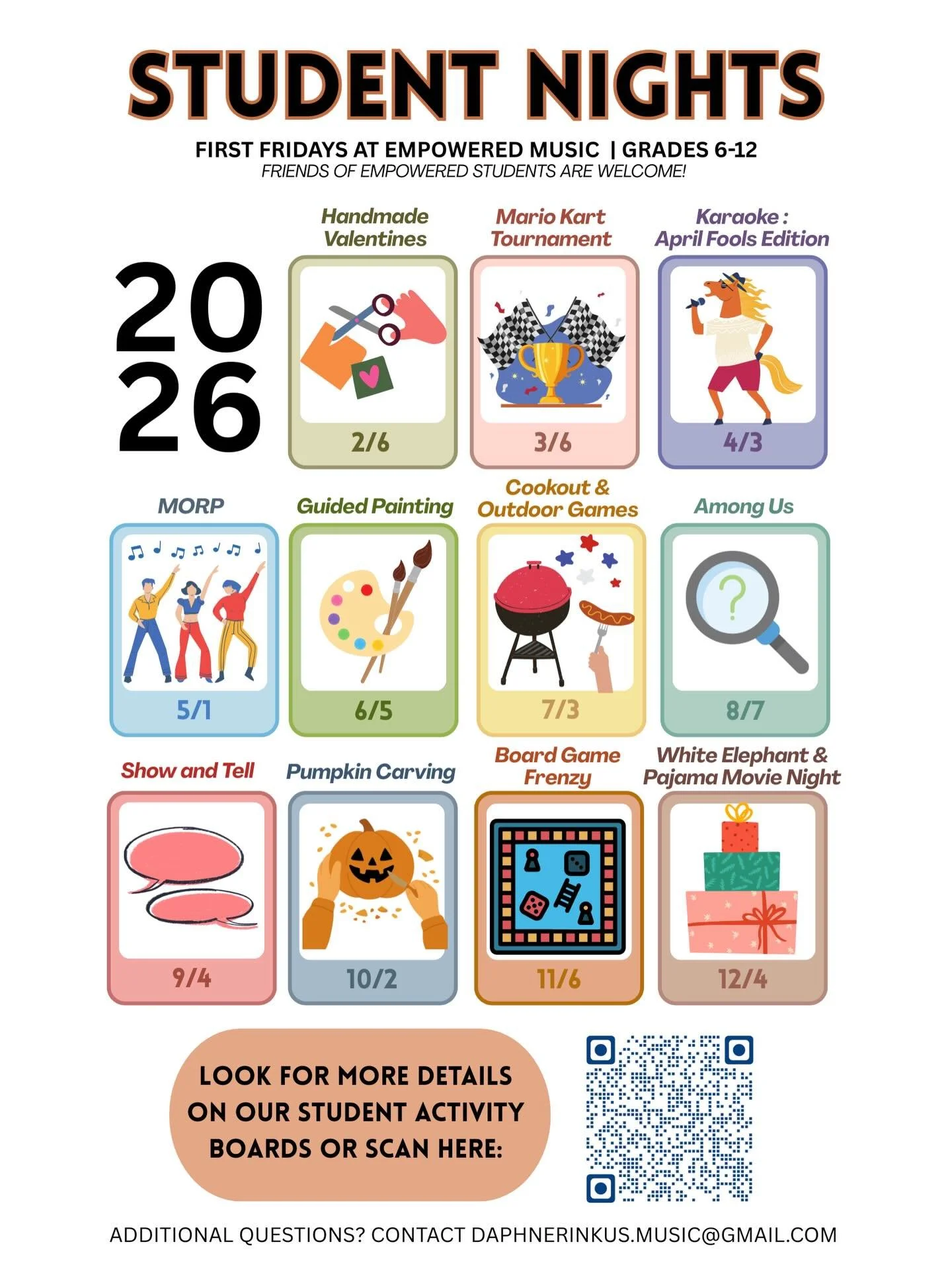 Just dropped! Check out our schedule for student nights this year and come out! Friends of EM students welcome. This program runs on volunteers and donations so if you&rsquo;re interested in contributing to help Student Night alive and thriving, plea