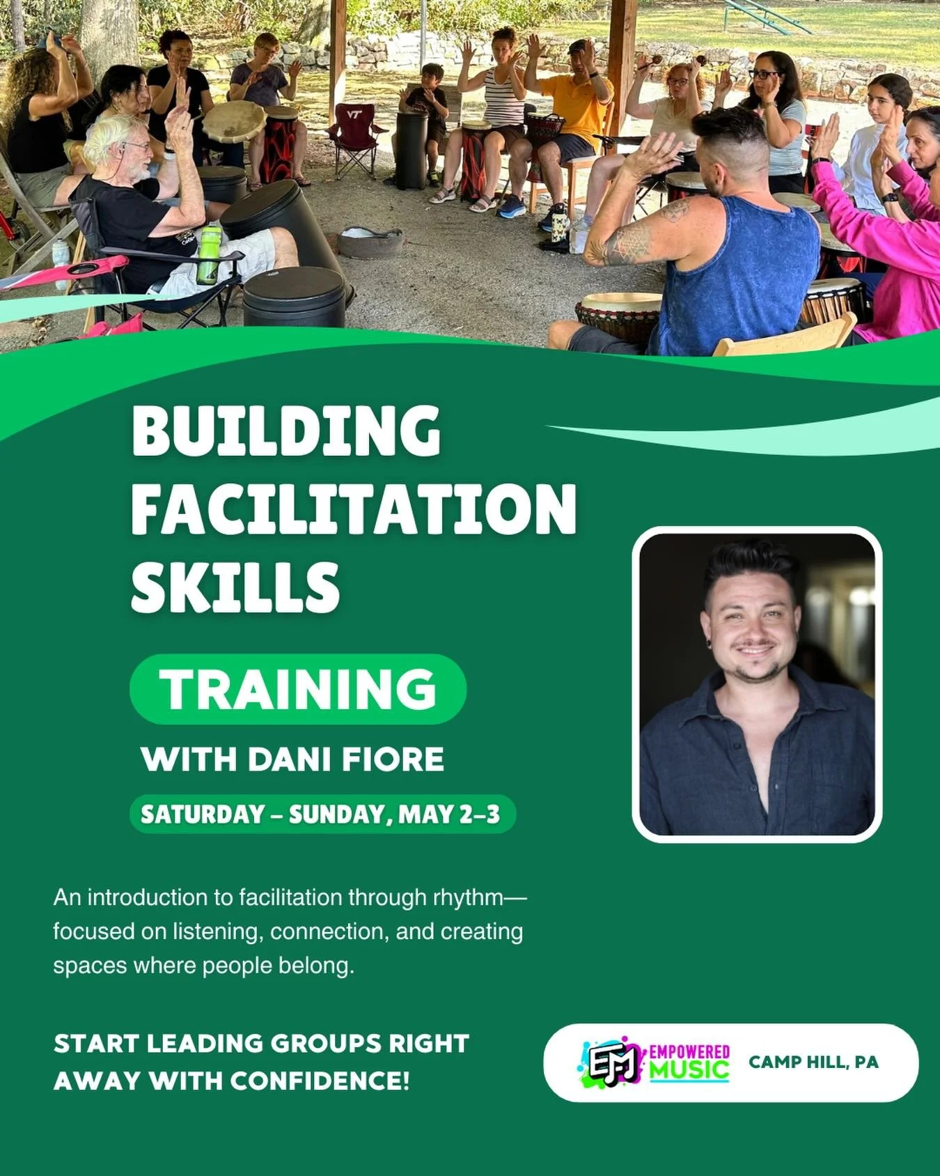 You don&rsquo;t need to be a musician to lead meaningful rhythm experiences. If you feel called to bring people together... this training is for you.

Building Facilitation Skills is a 2-day training for anyone who wants to use rhythm to support conn