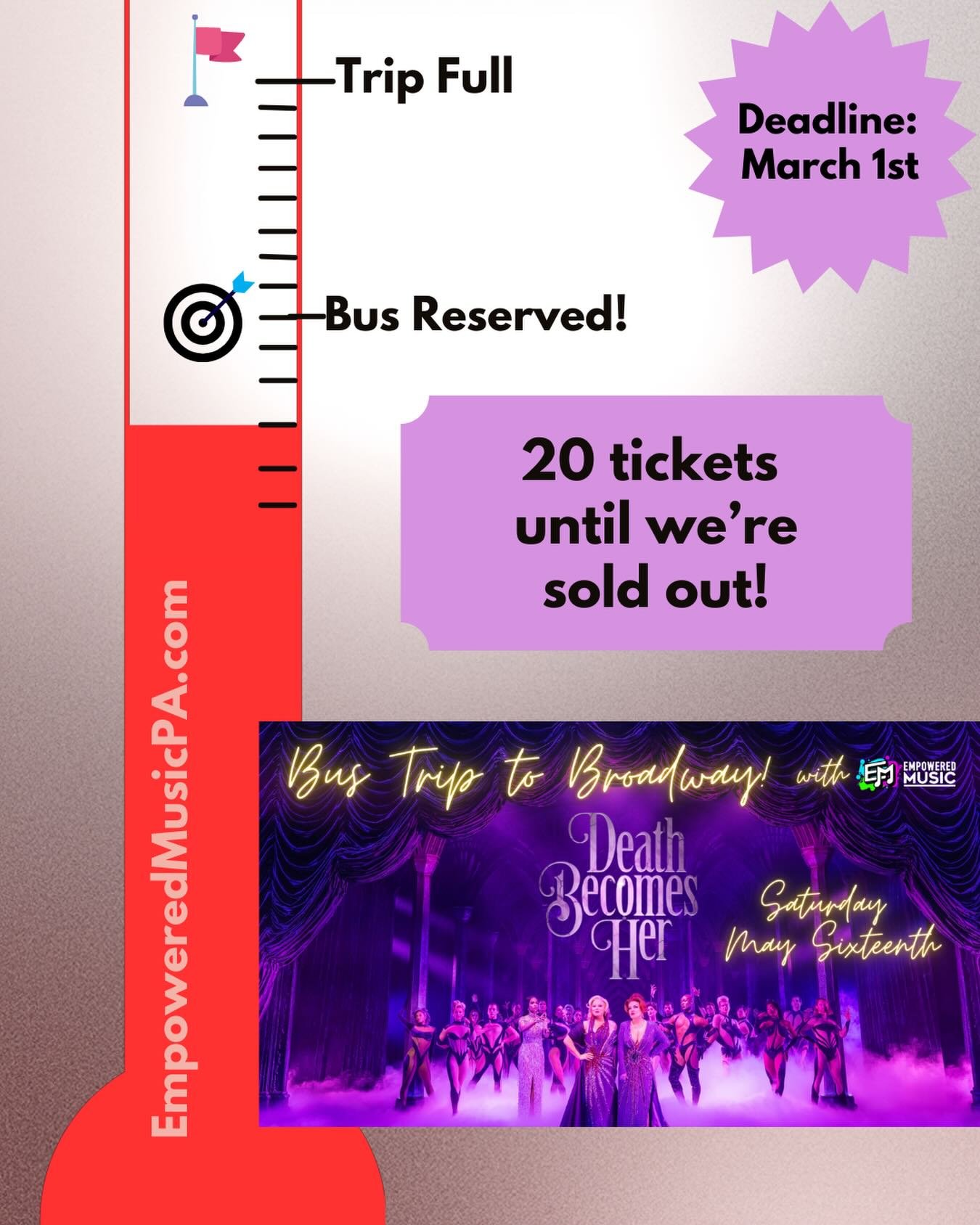 Don&rsquo;t miss out on our bus trip to NYC to see Death Becomes Her! We have orchestra seats and luxury transportation waiting for you. Reserve by 3/1 while tickets last. Seats are limited.