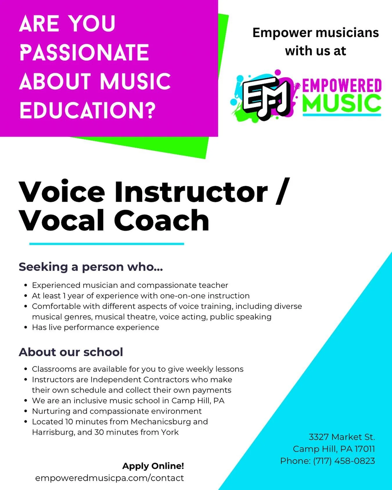 One of the things we do really well at EM is voice lessons! 🎤 All 3 of our voice instructors are nearly full or waitlisted! If you or someone you know is looking for studio space and might be a good fit at EM, please share ❤️