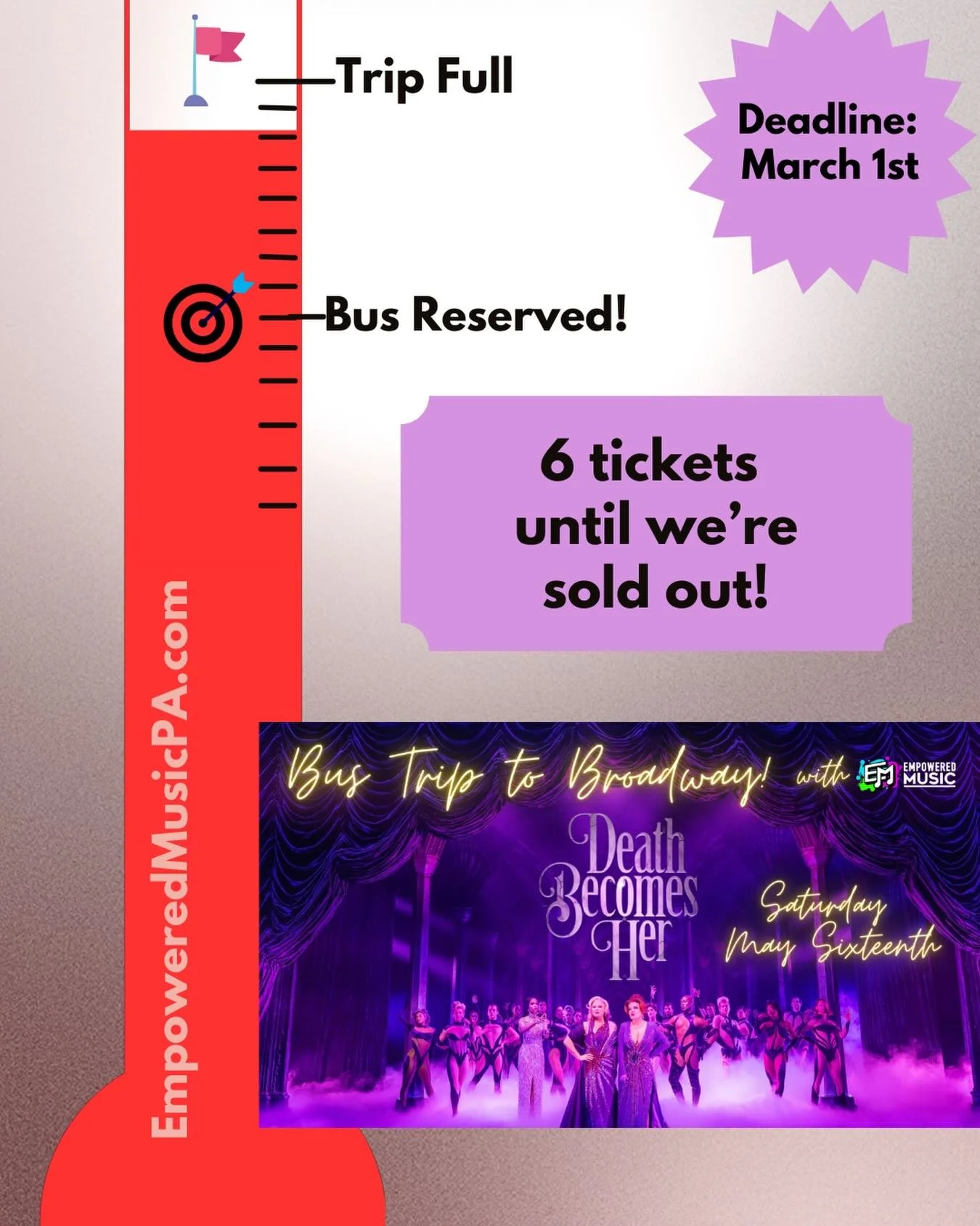 Heres your Bus Trip to Broadway update this week! 6 tickets left before the 3/1 deadline 👀