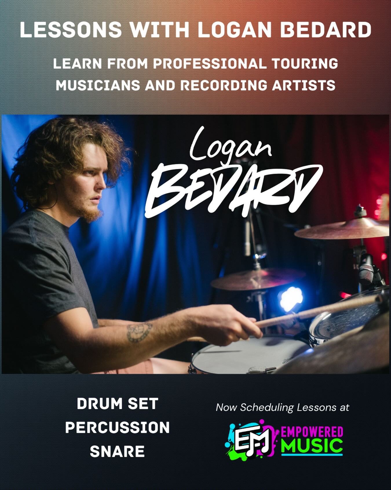 Exciting news for 2026! Meet one of our new instructors, Logan Bedard. Logan is best known as a top tier pro drummer and super nice guy 😎 Now, he&rsquo;s offering his teaching skills at our studio. He has availability to book now, but he won&rsquo;t