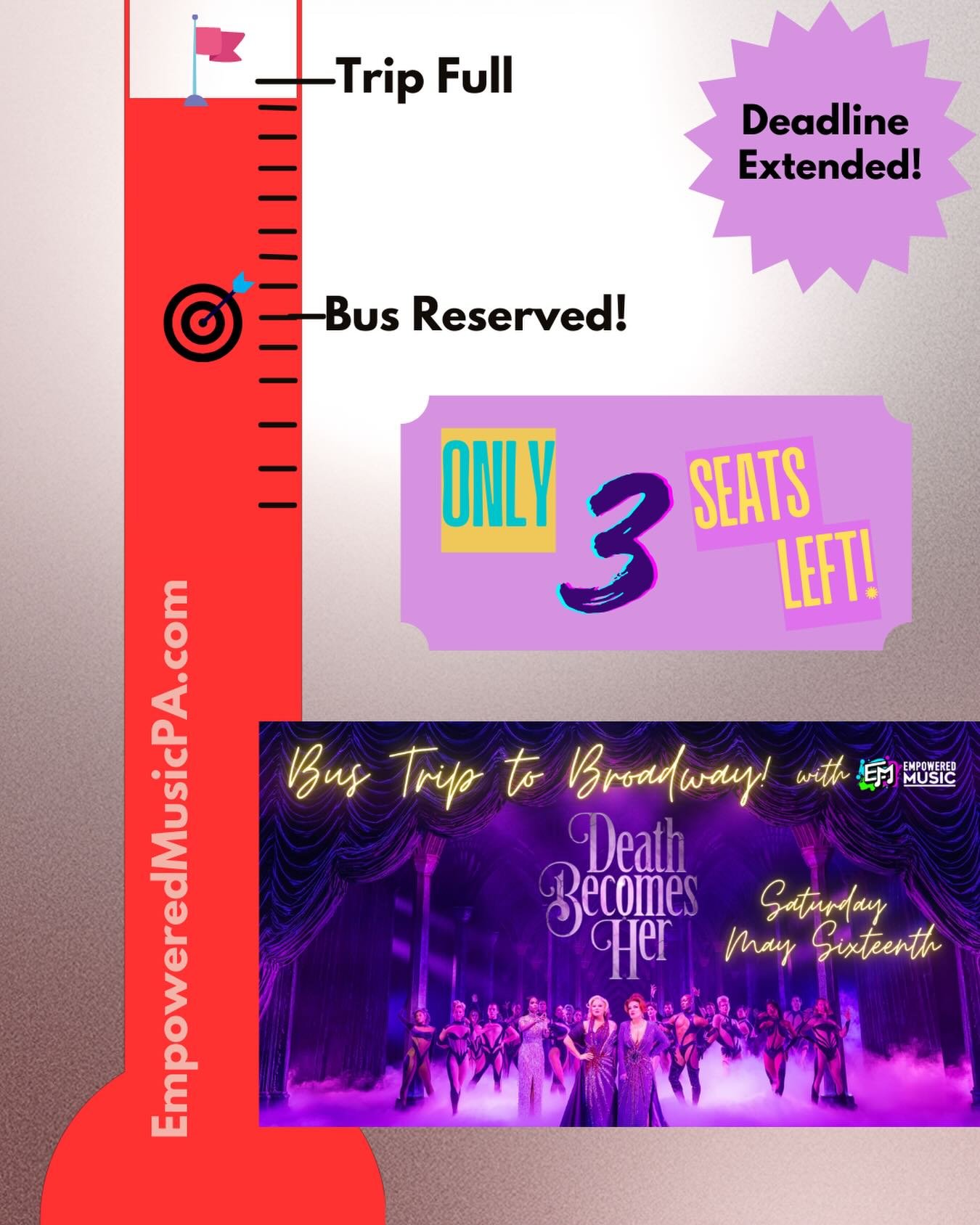 Last chance to see Death Becomes Her on Broadway! 🎭 Well give you a ride! 3 seats remain. Orchestra seats and coach bus transportation from Camp Hill for only $245. Tickets on our website.