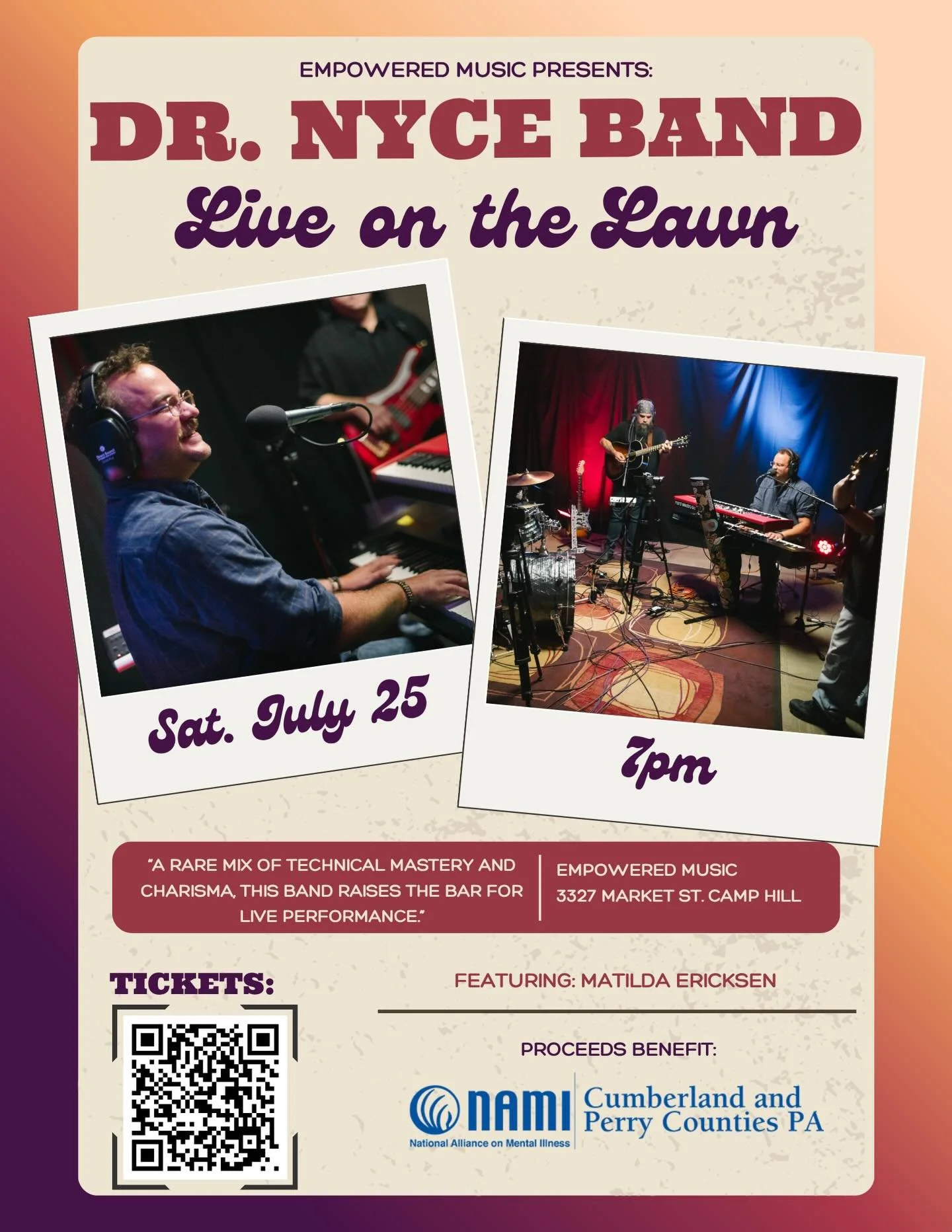 Rock out, Give back: Live on the Lawn with @dr.nyce July 25th. A concert benefiting NAMI Cumberland &amp; Perry Counties. Tickets are on sale NOW!