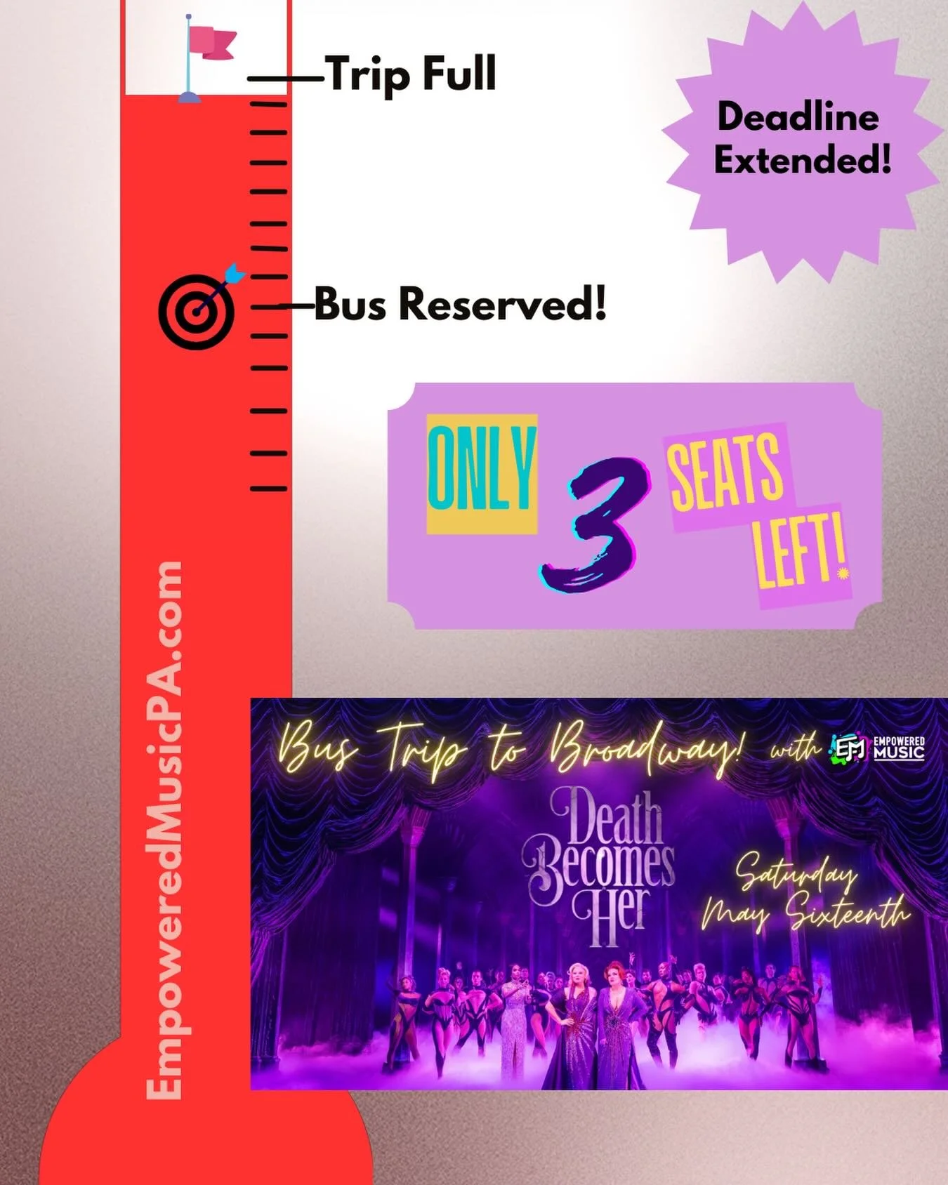 Last chance to see Death Becomes Her on Broadway! 🎭 Well give you a ride! 3 seats remain. Orchestra seats and coach bus transportation from Camp Hill for only $245. Tickets on our website.